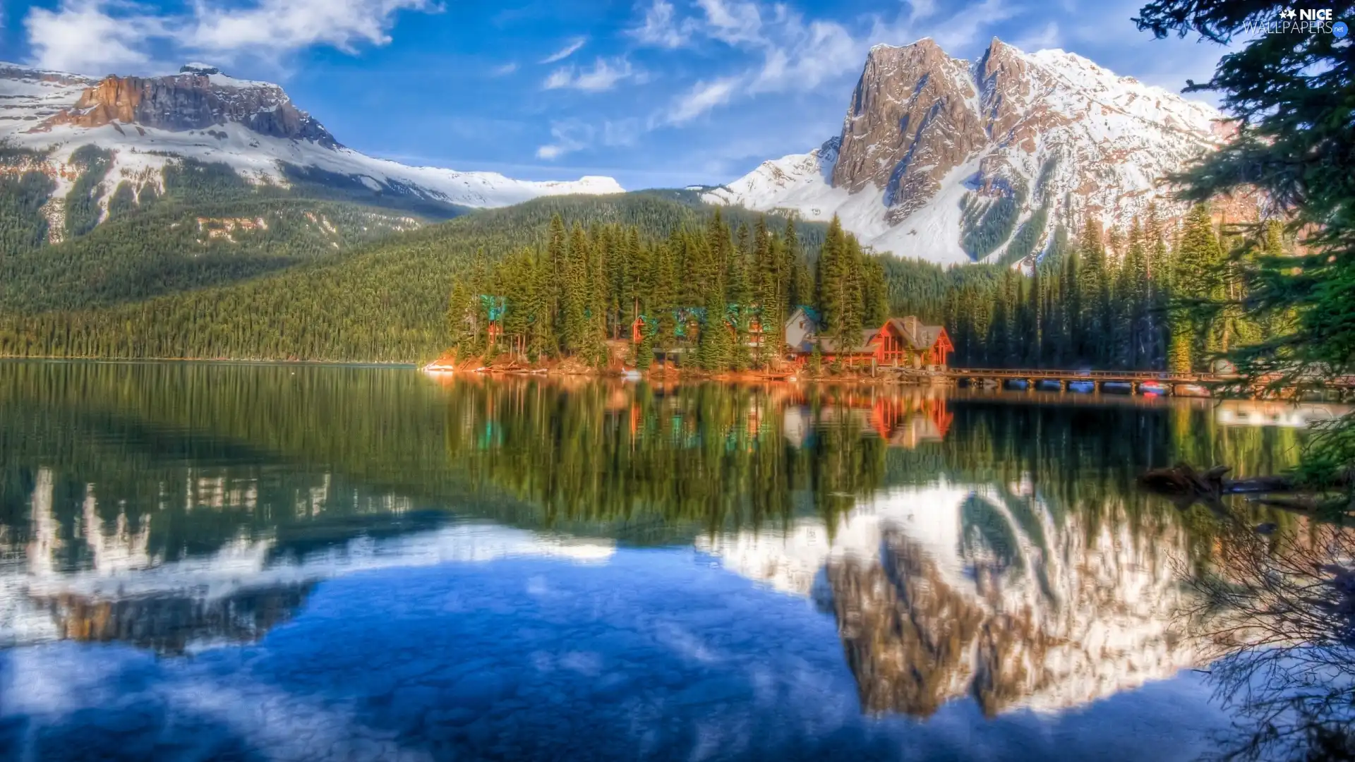 Mountains, forest, reflection, lake