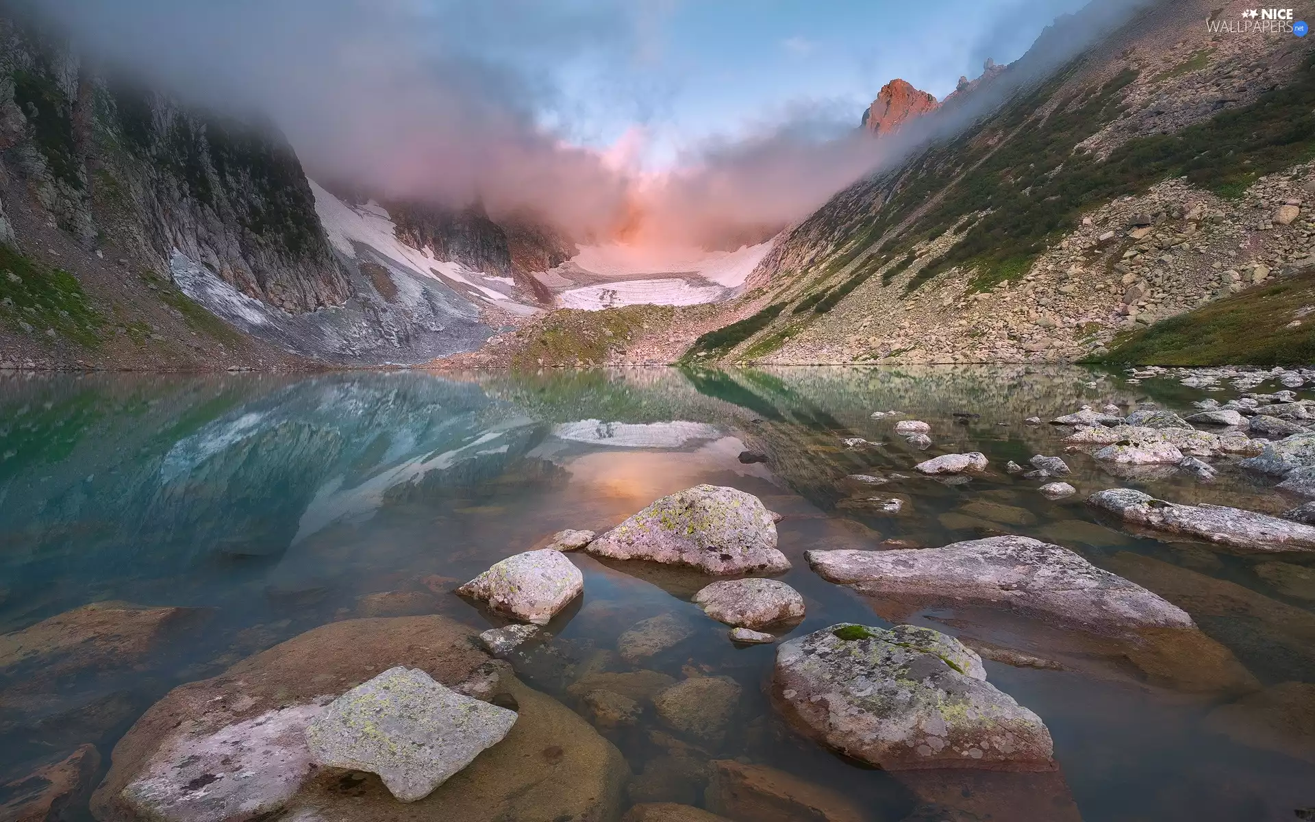 Stones, reflection, Mountains, Fog, lake