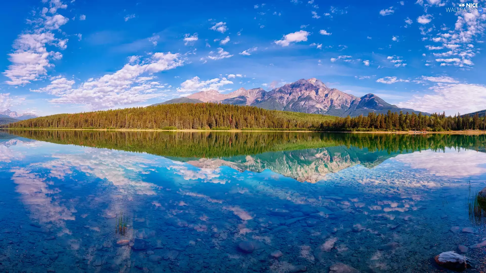 clouds, reflection, Mountains, forest, lake