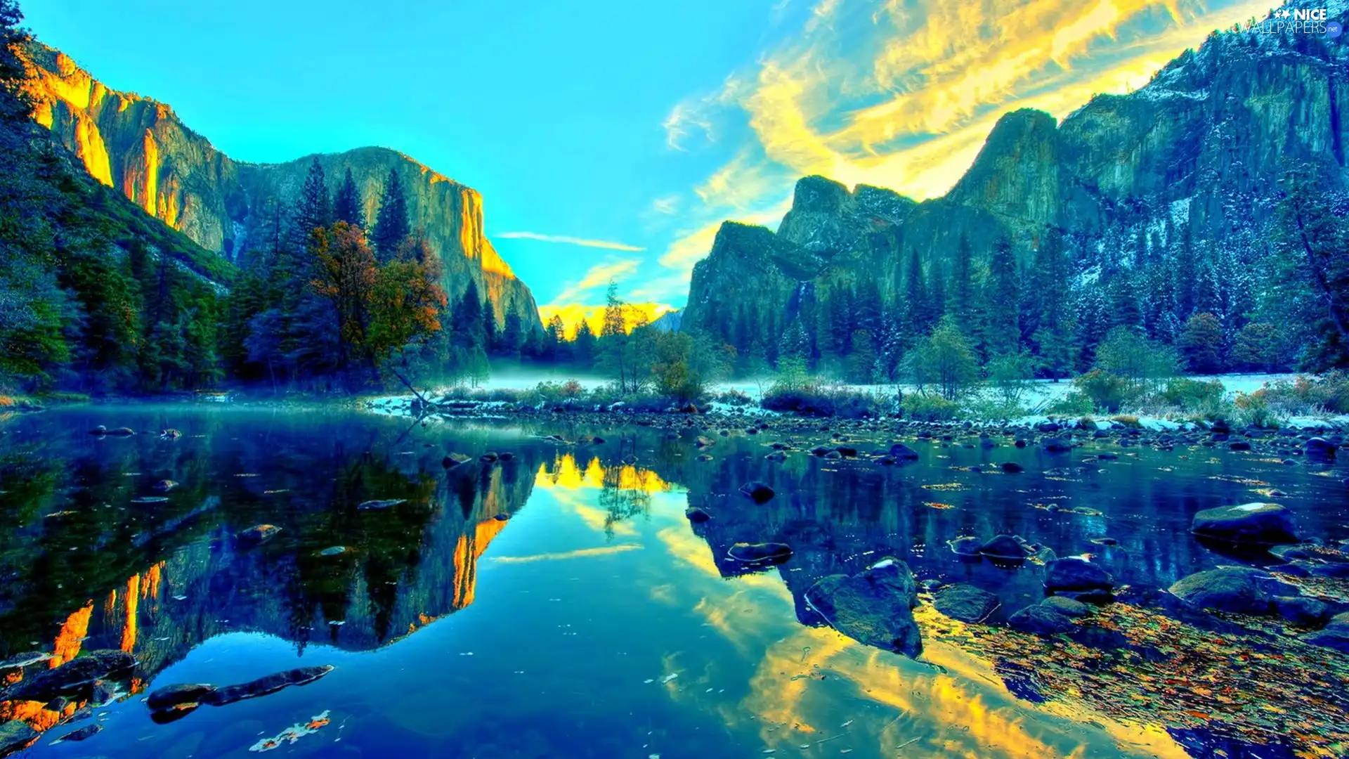 Mountains, lake, reflection, rocks