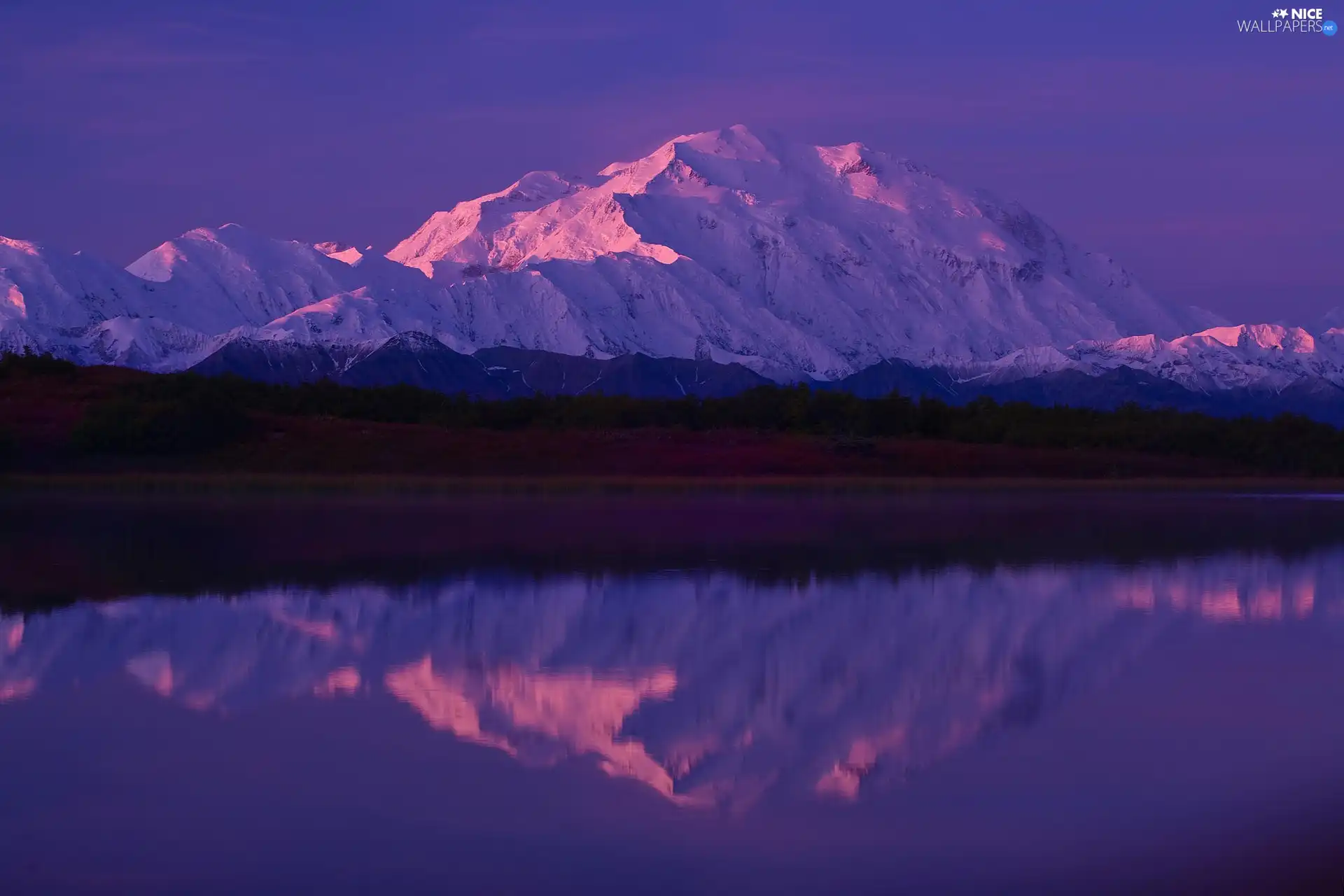 Mountains, lake, reflection, snow