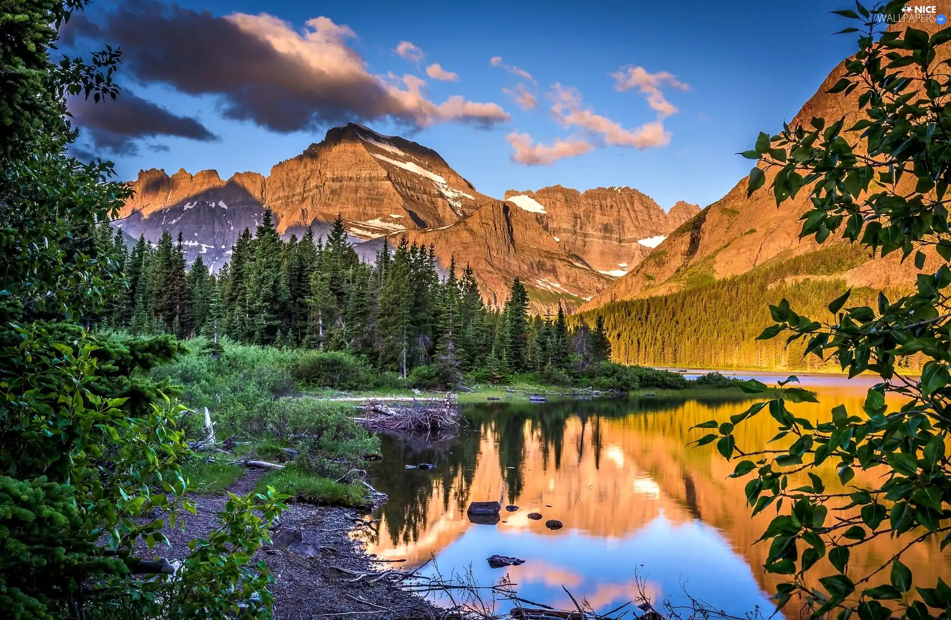 Mountains, woods, reflection, lake