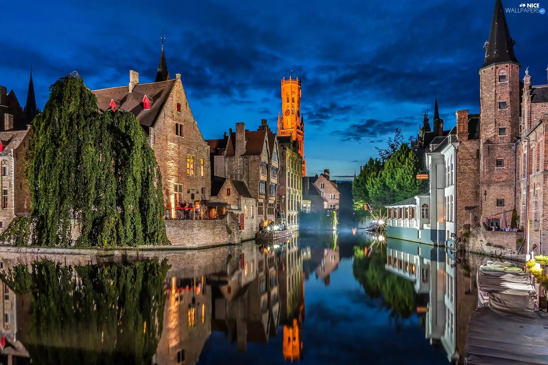 Bruges, canal, town, reflection, Houses, fragment, night