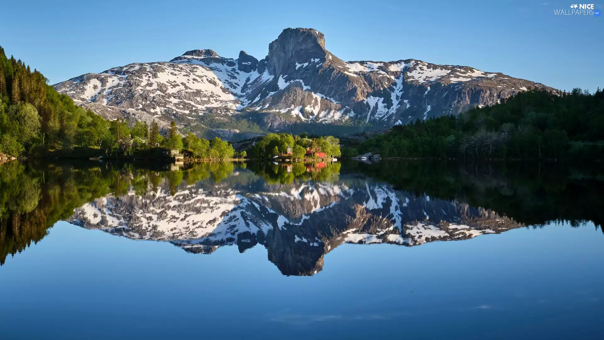 viewes, lake, Mountains, reflection, woods, trees