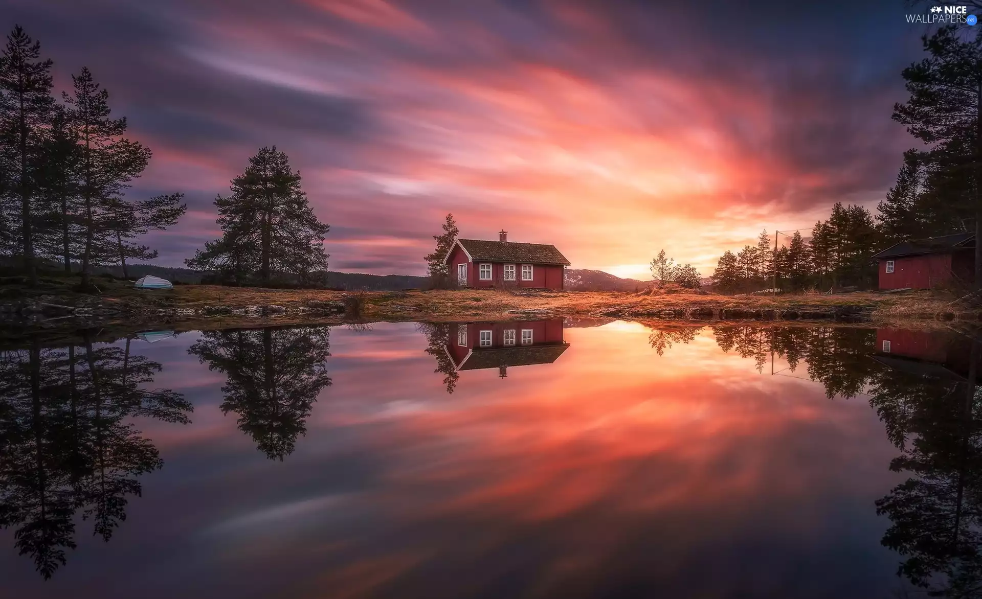 Ringerike, Norway, Vaeleren Lake, Boat, house, reflection, trees, viewes, Great Sunsets