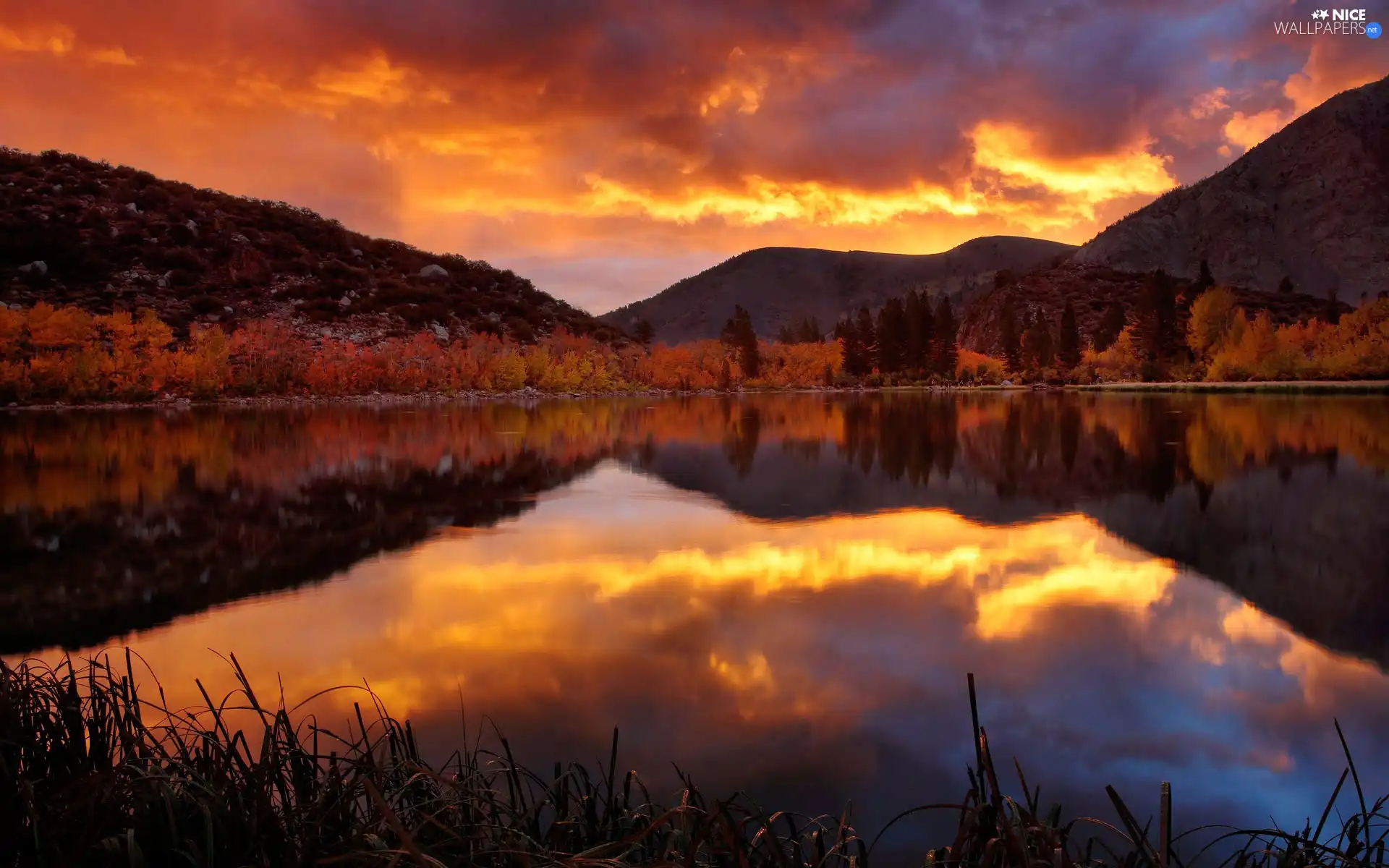 lake, Mountains, reflection, west, clouds, woods