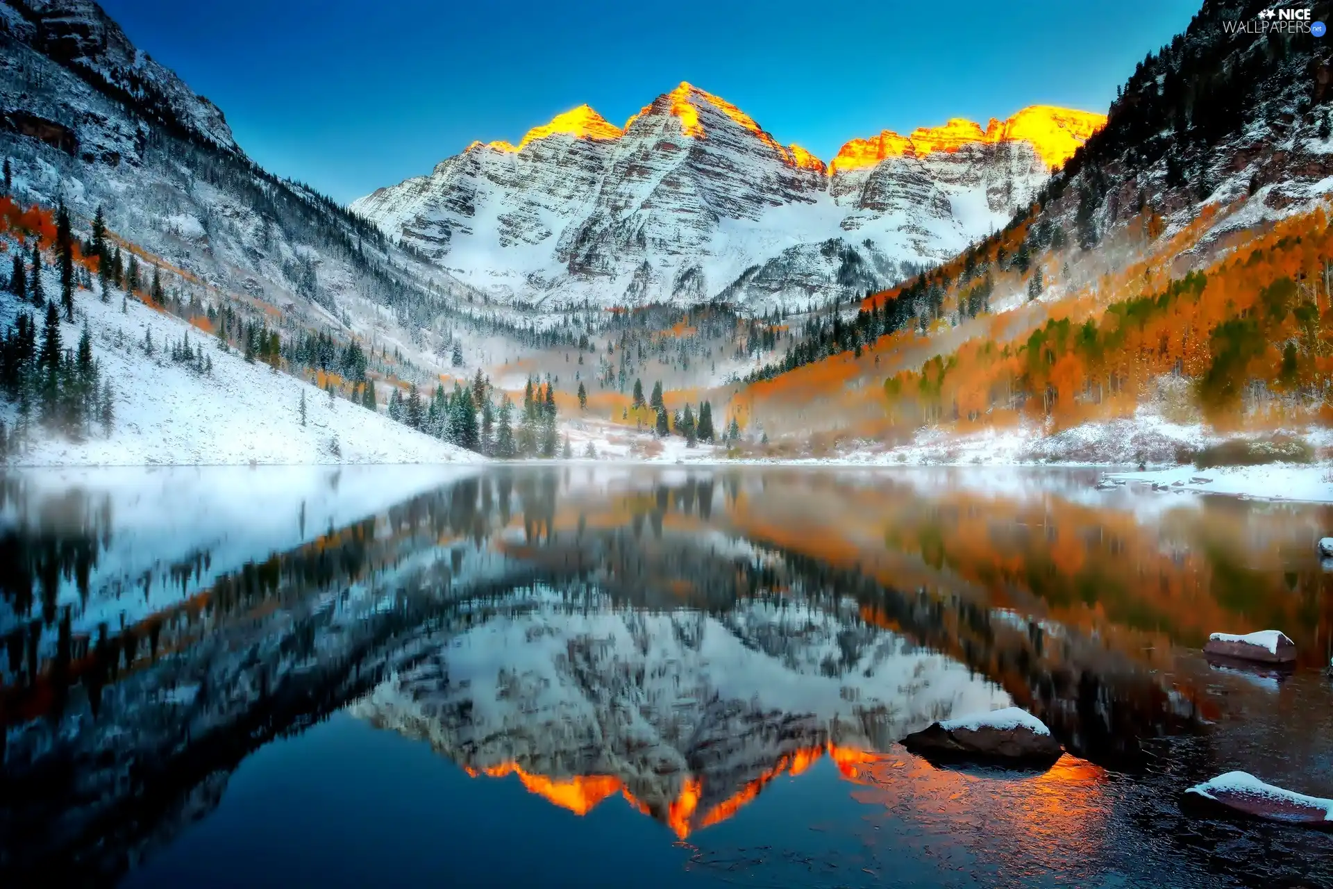 winter, lake, reflection, Mountains