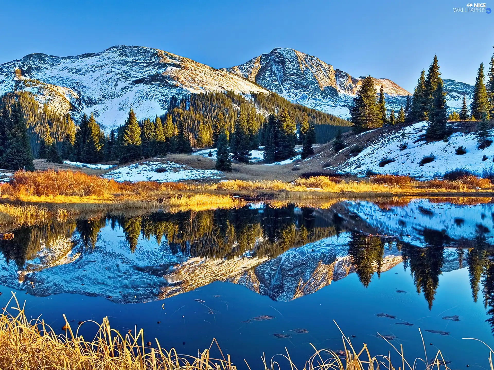 winter, Mountains, reflection, lake