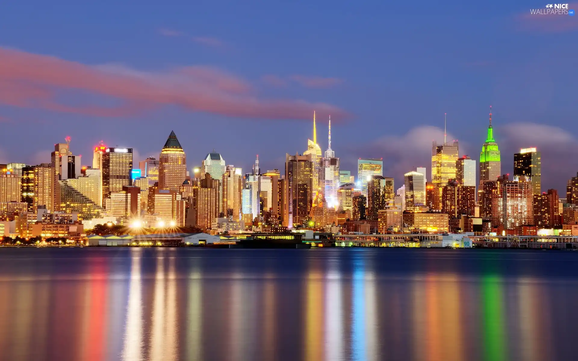 reflection, New York, town, River, panorama