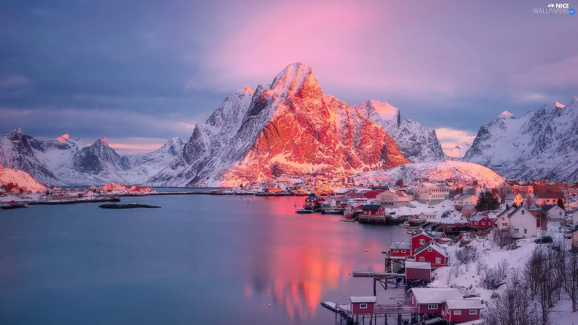 Reine Village, winter, Houses, Mountains, rocks, Lofoten, Norway, sea