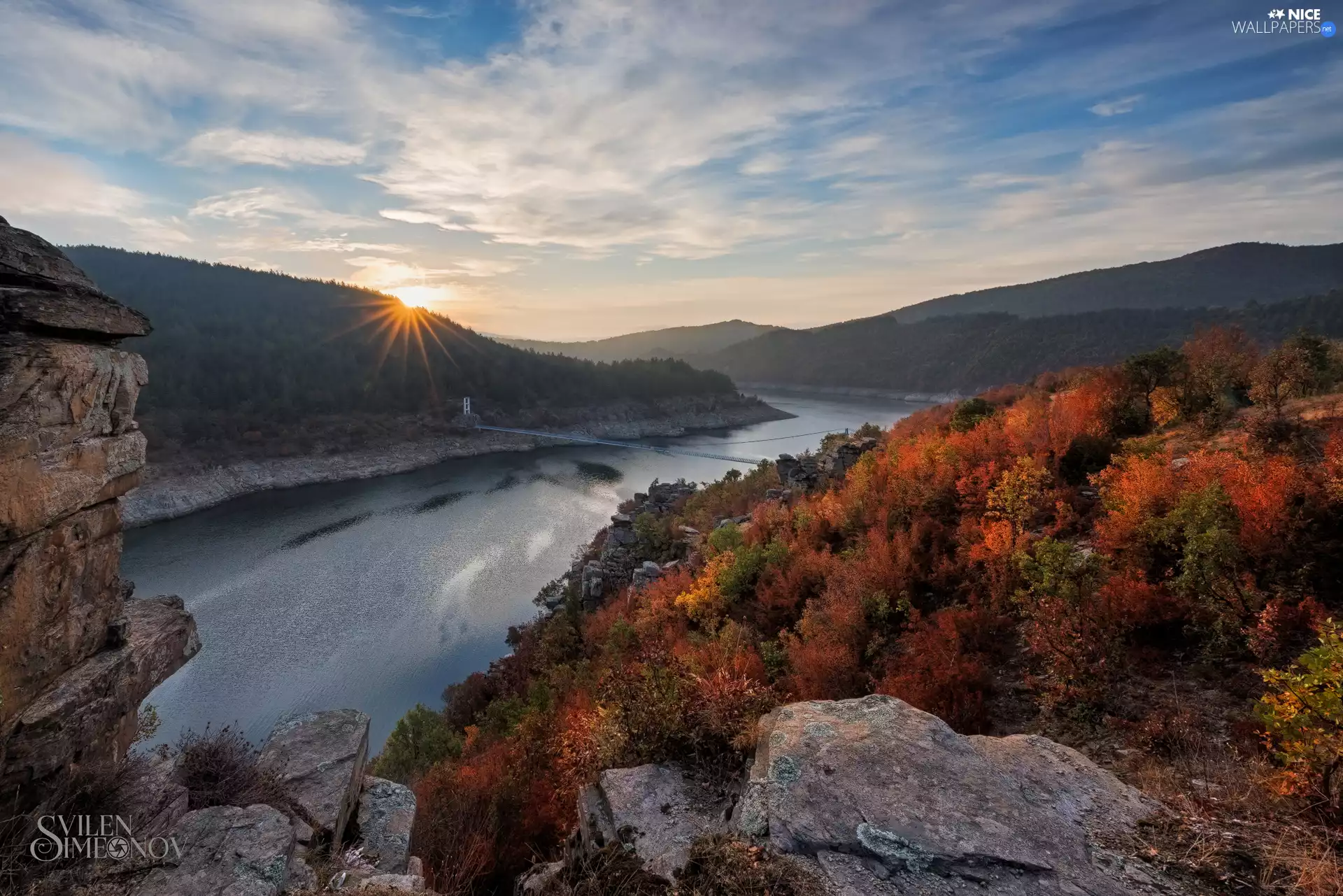 bridge, woods, viewes, rays of the Sun, clouds, Rhodope Mountains, trees, Bulgaria, rocks, River