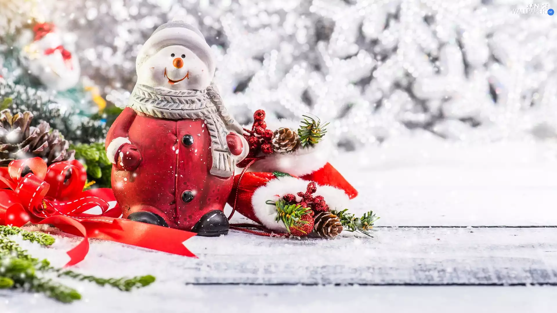 Snowman, Christmas, cones, ribbon, Twigs, composition