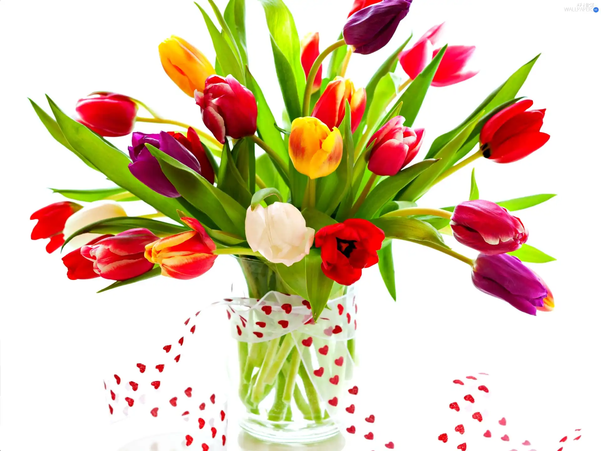ribbon, hearts, Colorful, tulips, bouquet