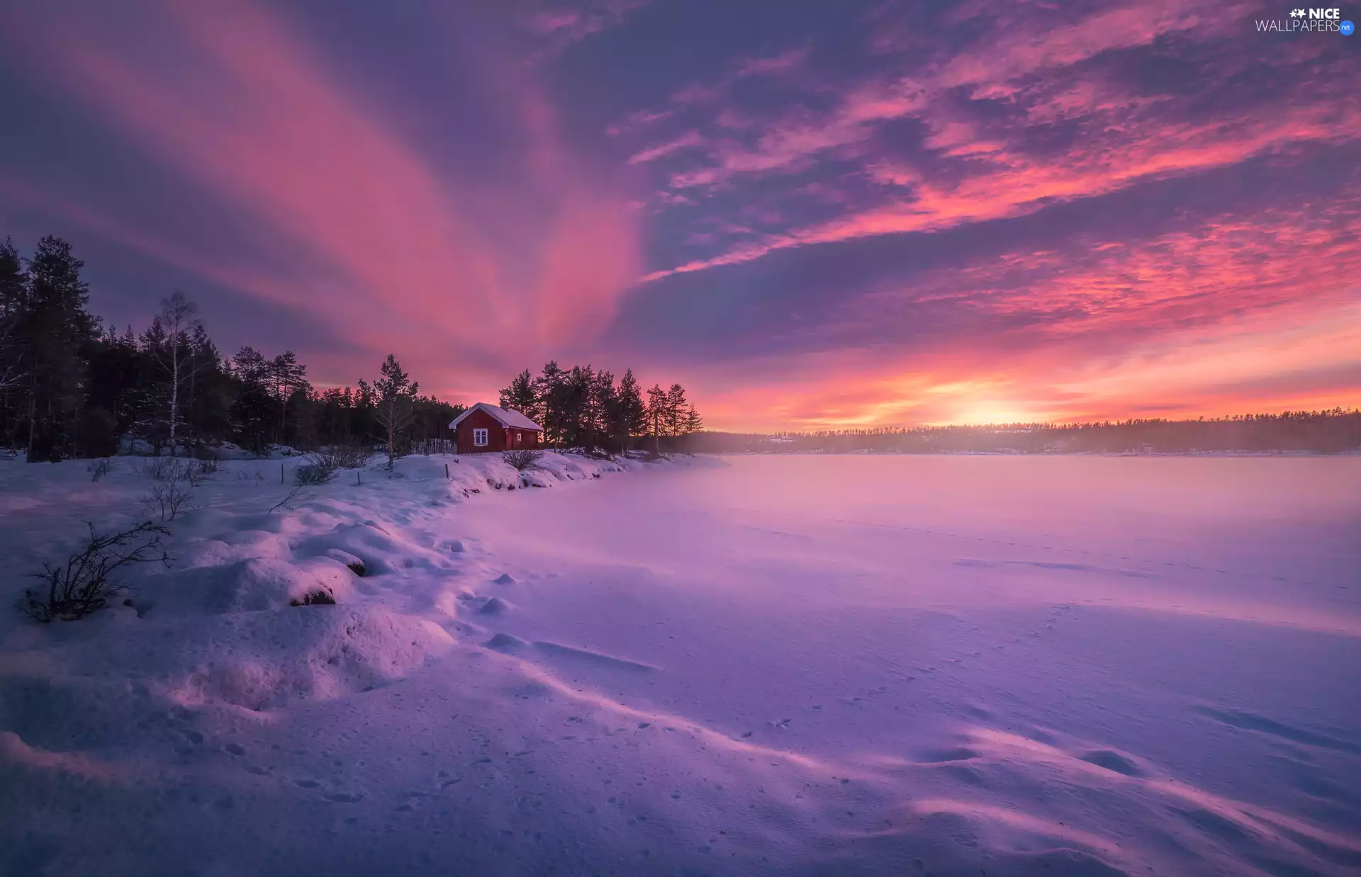 Ringerike, Norway, lake, trees, Great Sunsets, winter, house, clouds, viewes