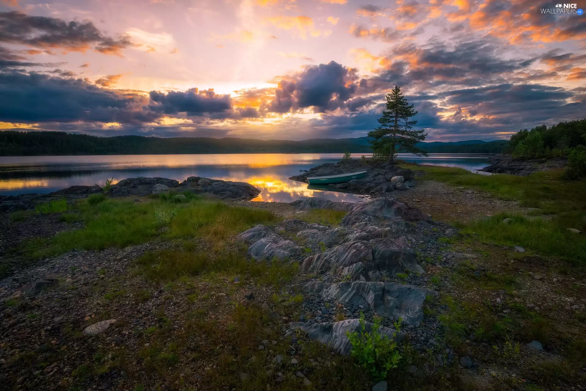 Ringerike Municipality, lake, Boat, Stones, viewes, Norway, Great Sunsets, trees
