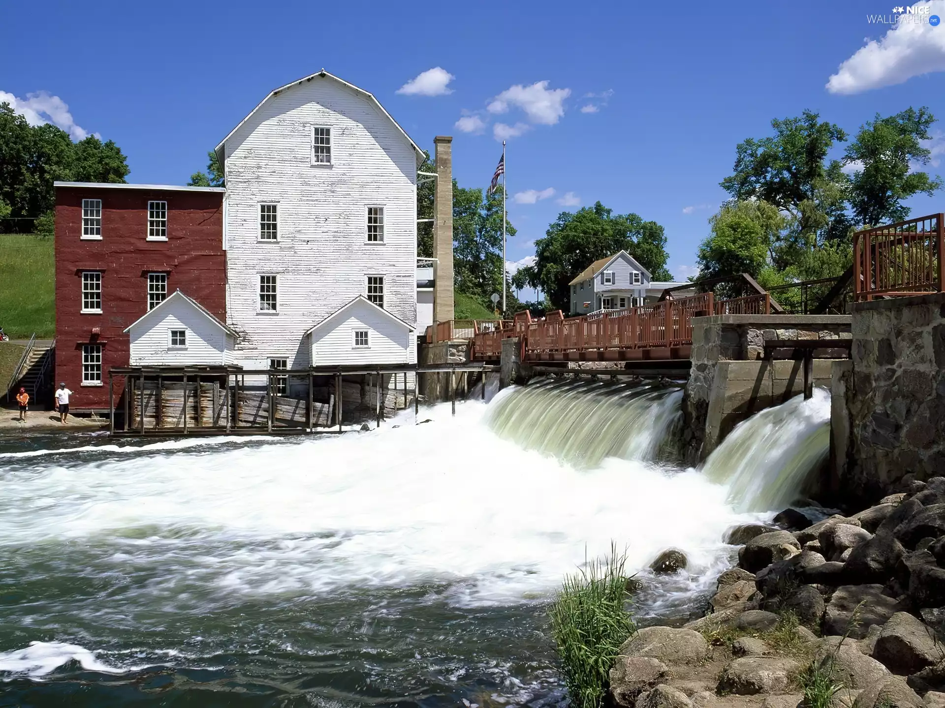 Banked, bridge, buildings, River