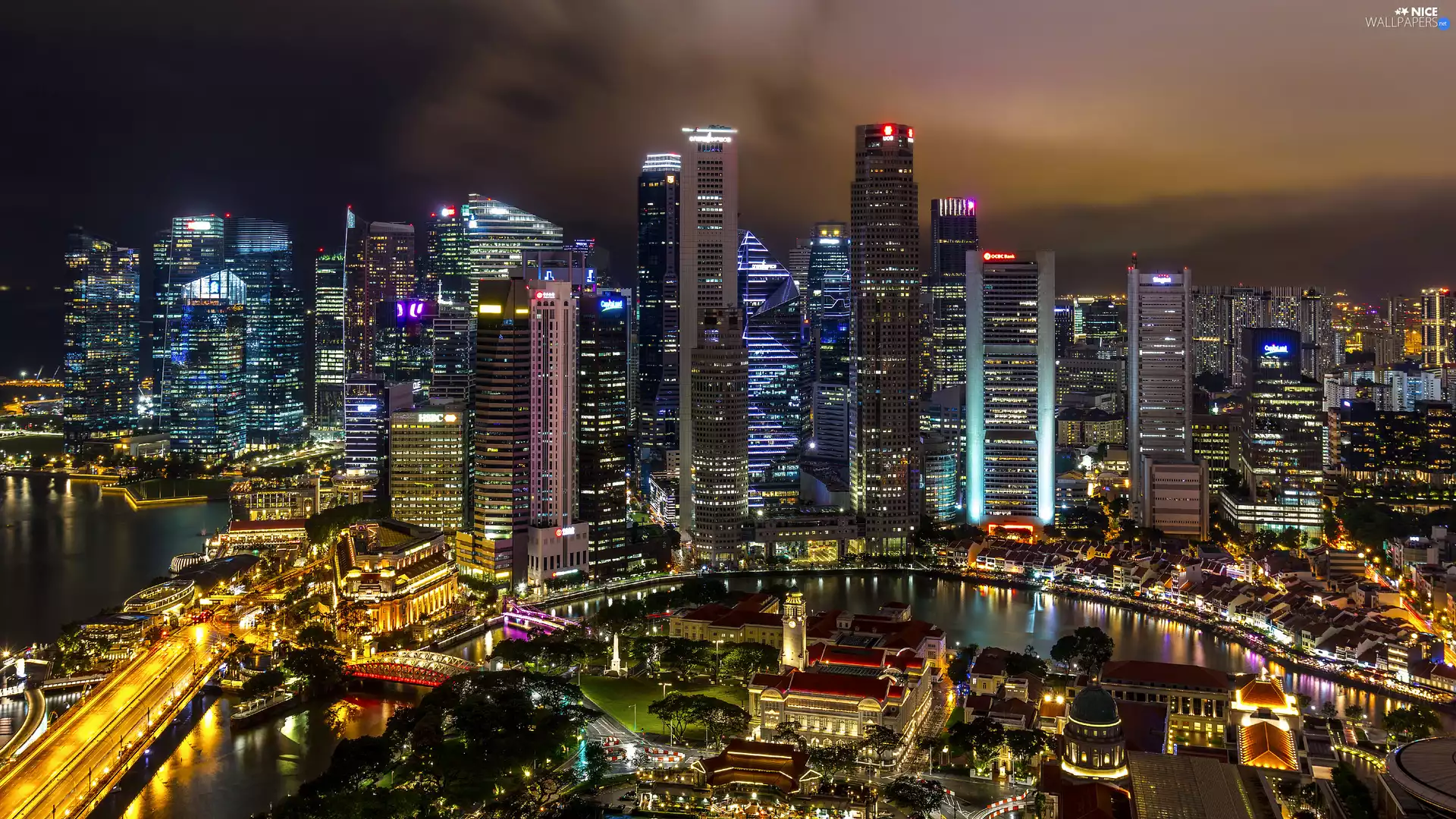 skyscraper, River, bridge, Night, Singapur