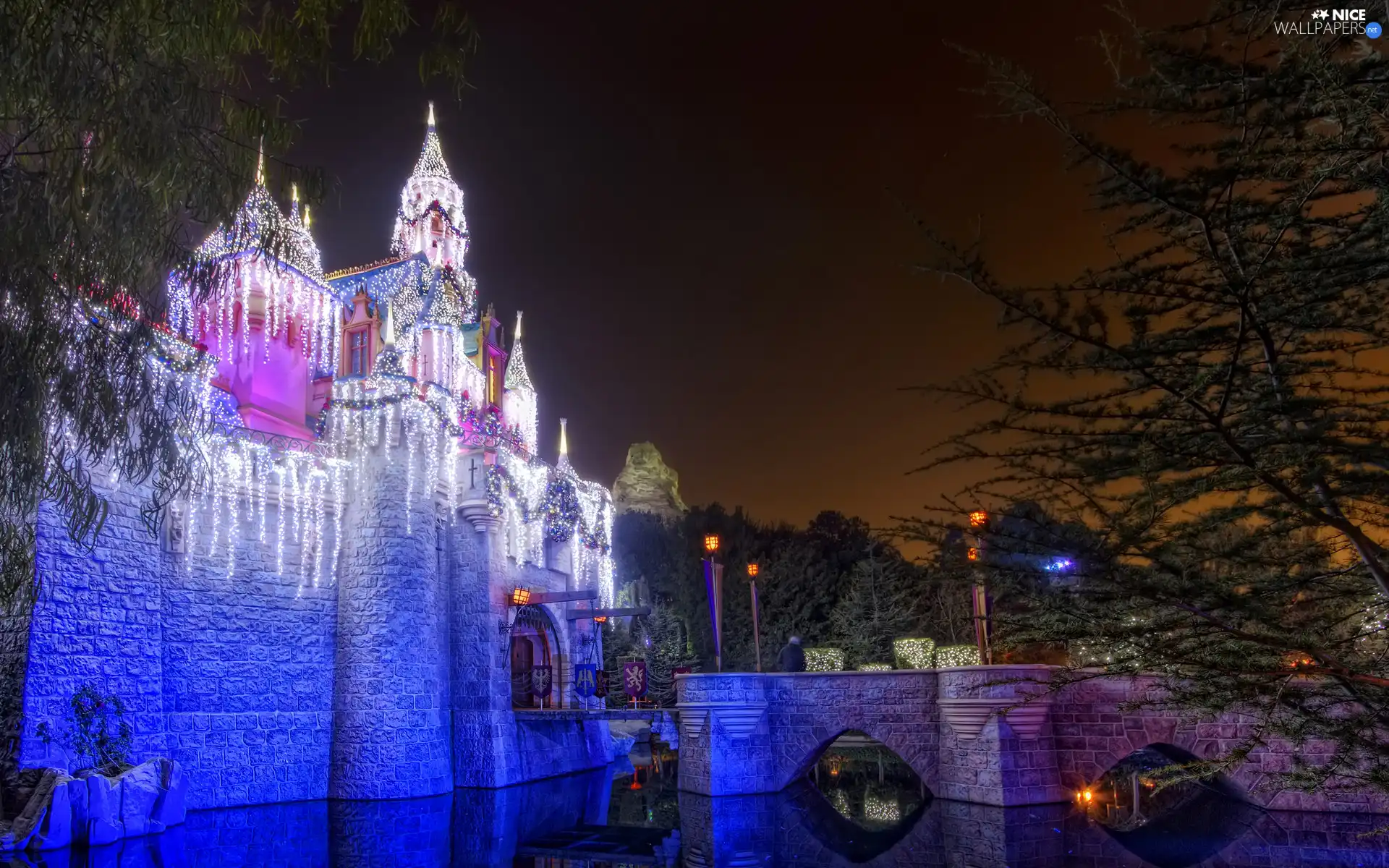 Castle, bridge, River, Lights