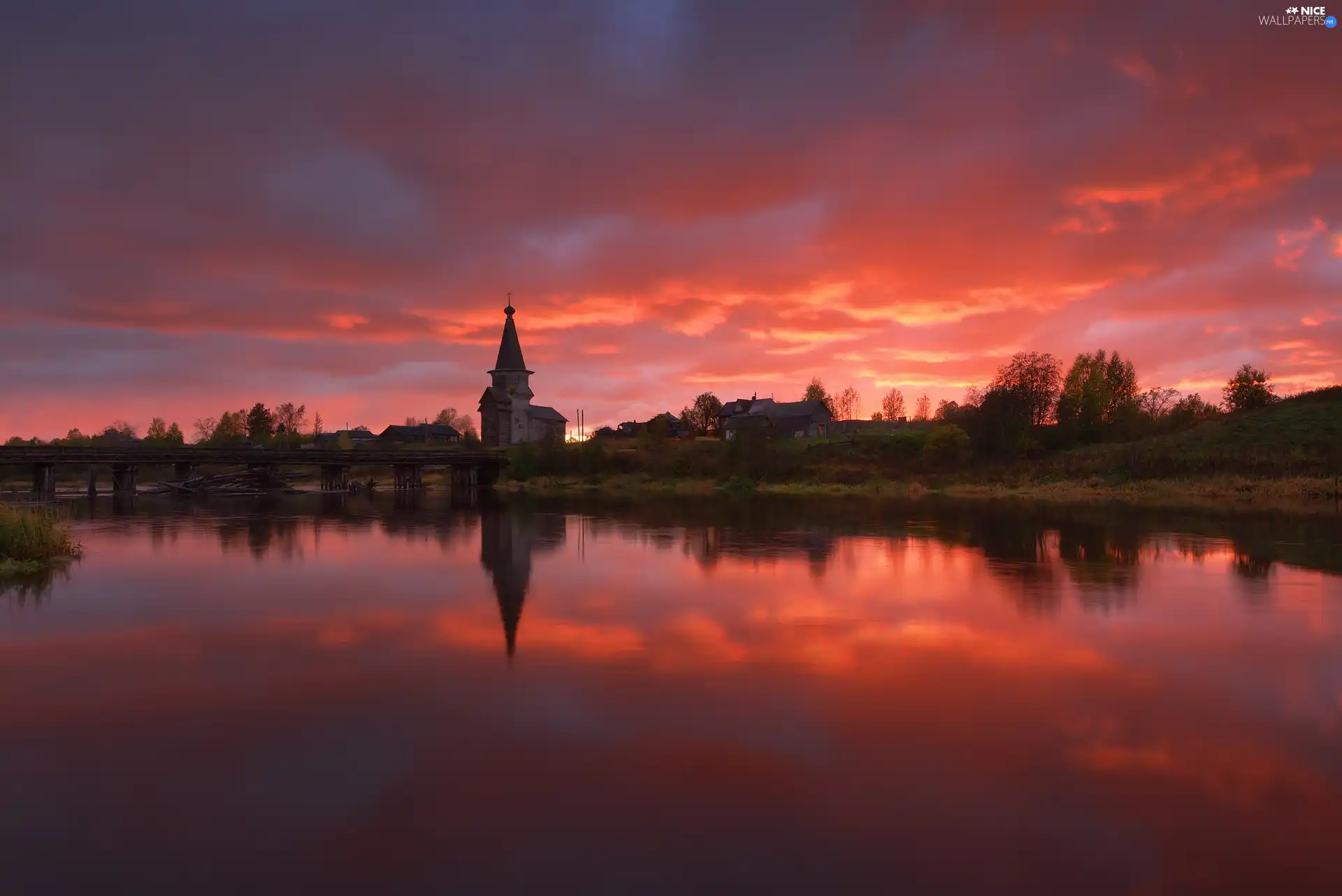 River, Cerkiew, trees, viewes, Great Sunsets, reflection, Houses, clouds, bridge