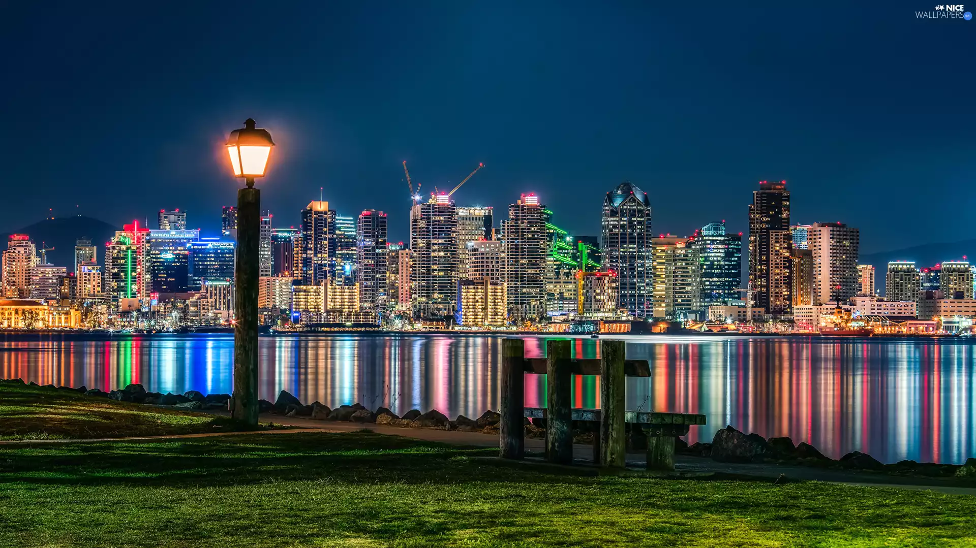 Lighthouse, Bench, Night, River, San Diego
