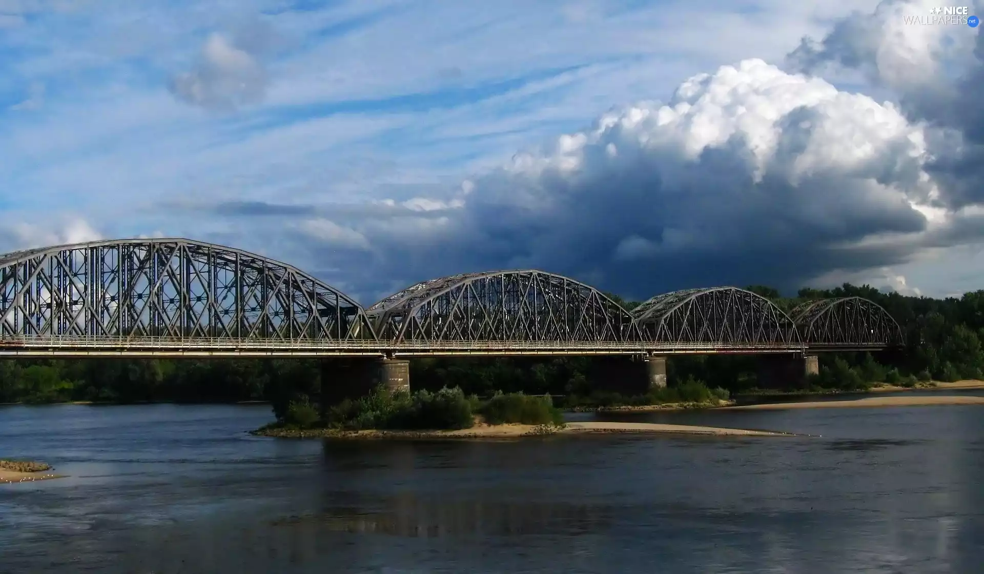 River, clouds, Torun, Railway Bridge named Ernest Malinowski, Poland