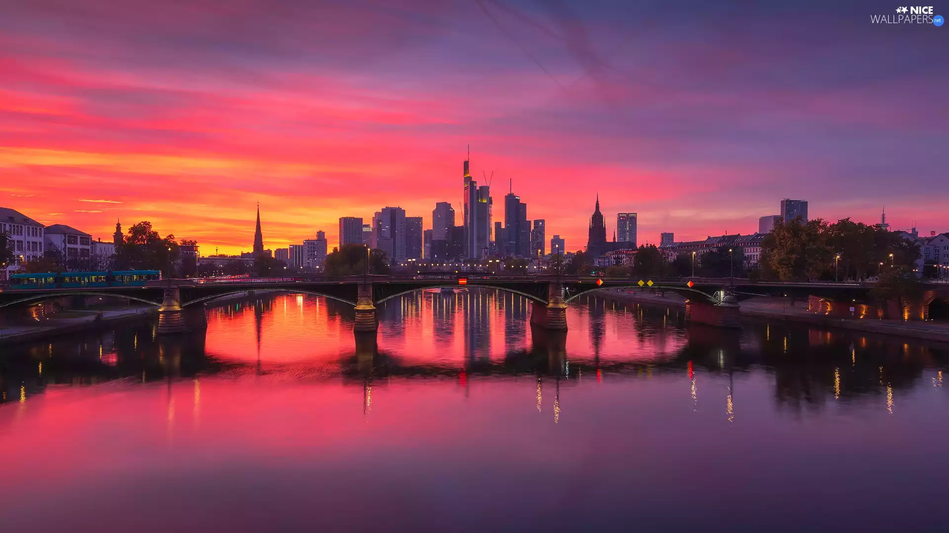 River Men, Great Sunsets, Frankfurt am Main, Germany, evening, bridge