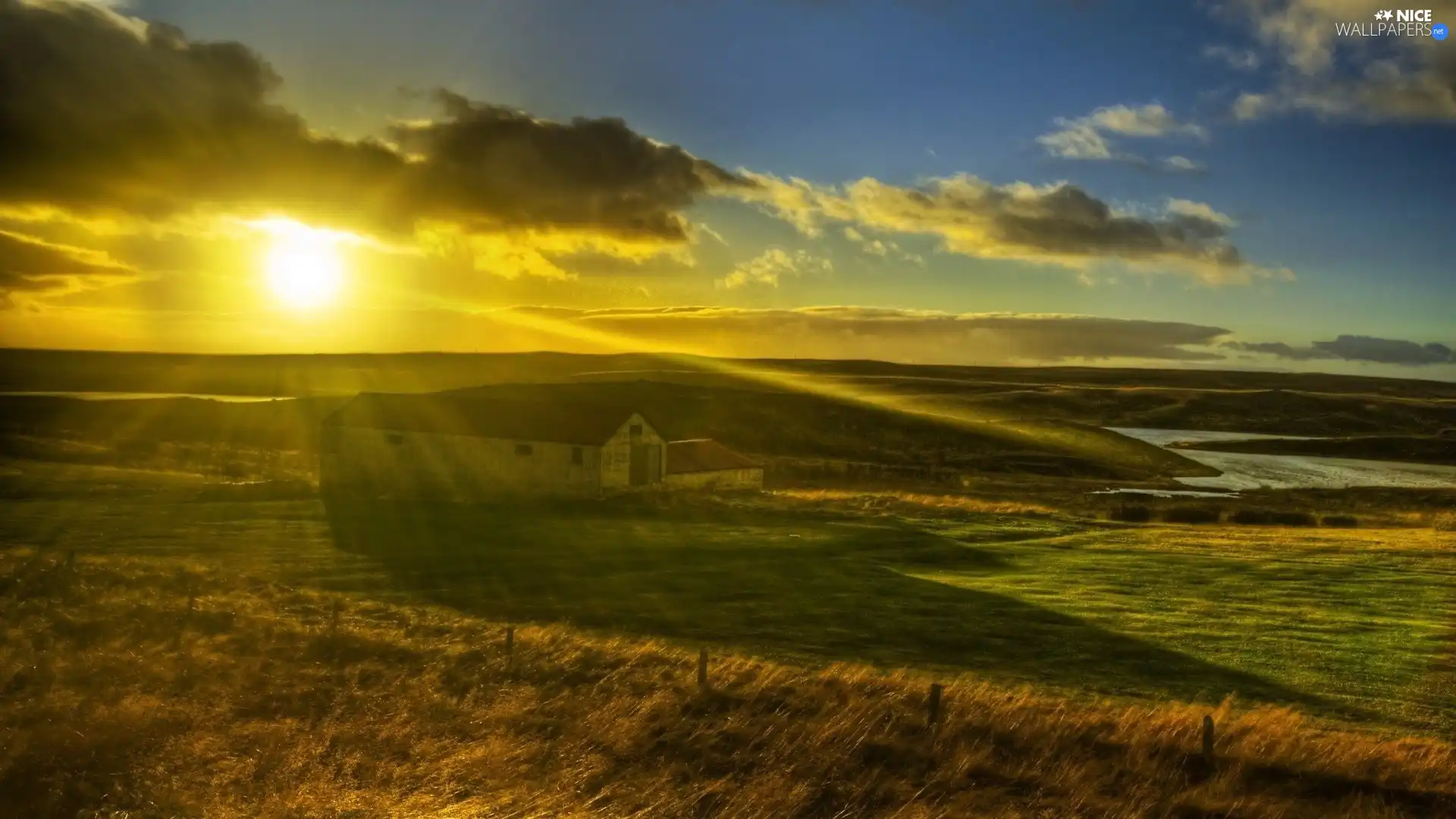 River, field, sun, farm, west