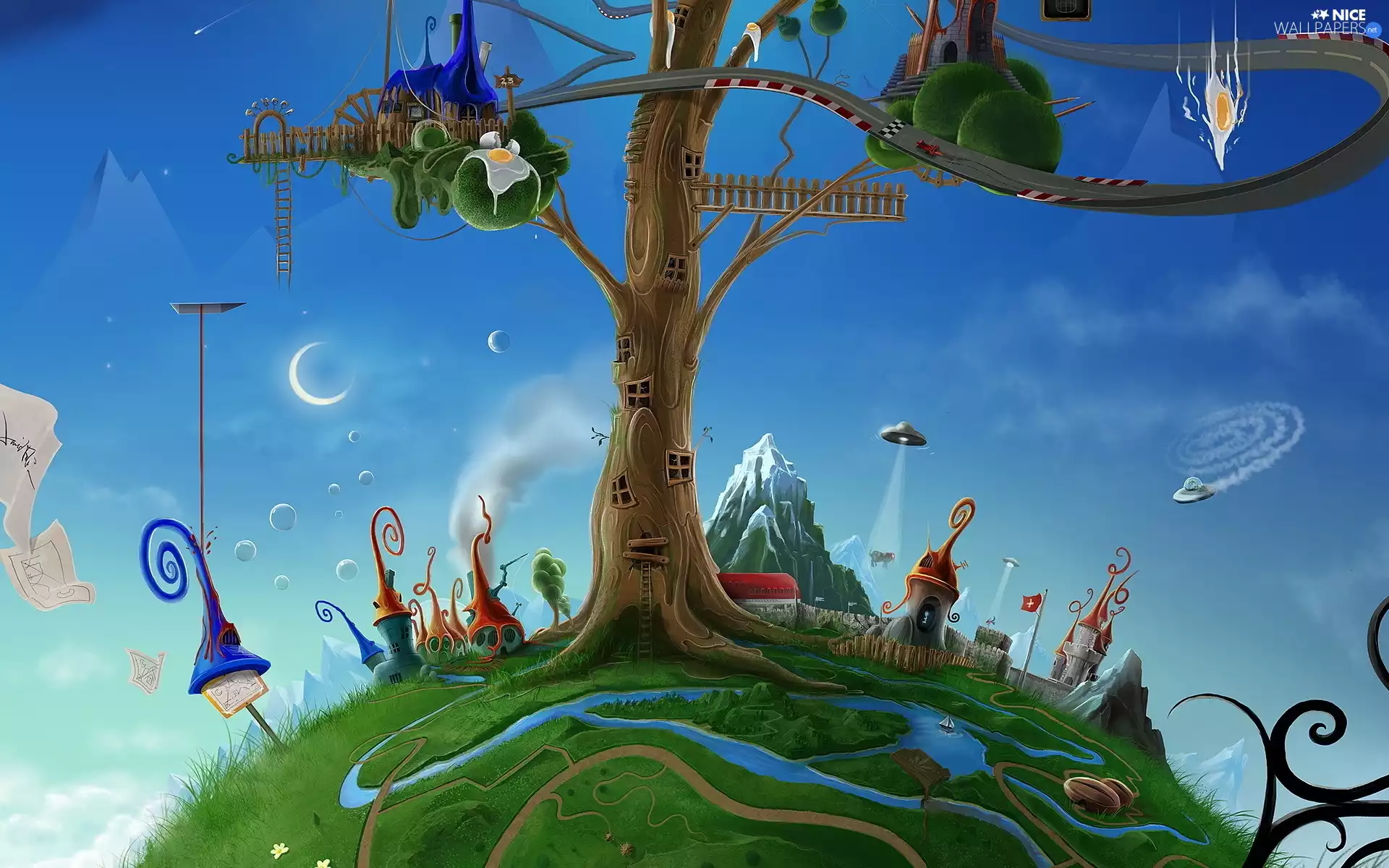 ufo, trees, green, viewes, freeway, Mountains, Houses, River