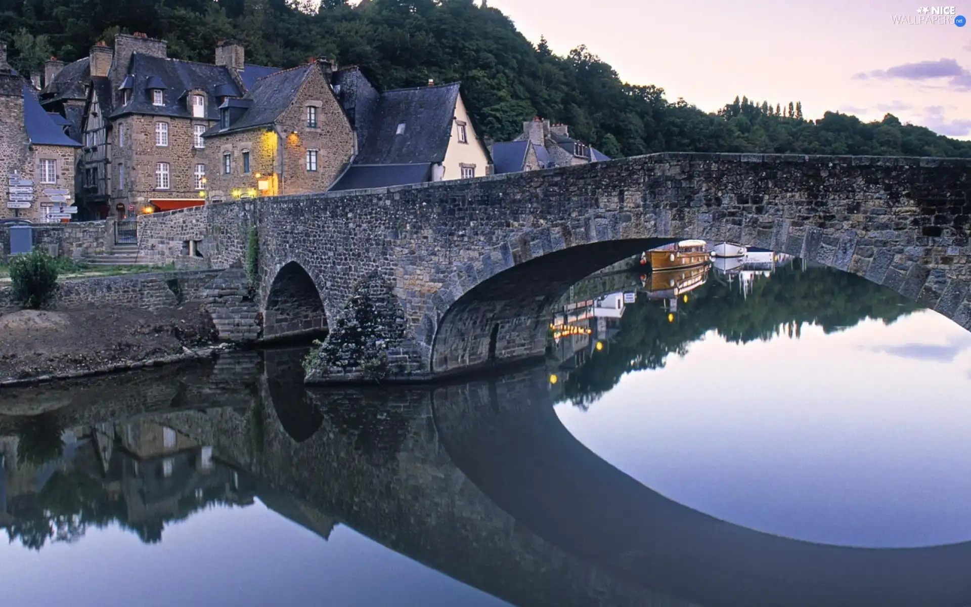 Houses, bridge, River, stone