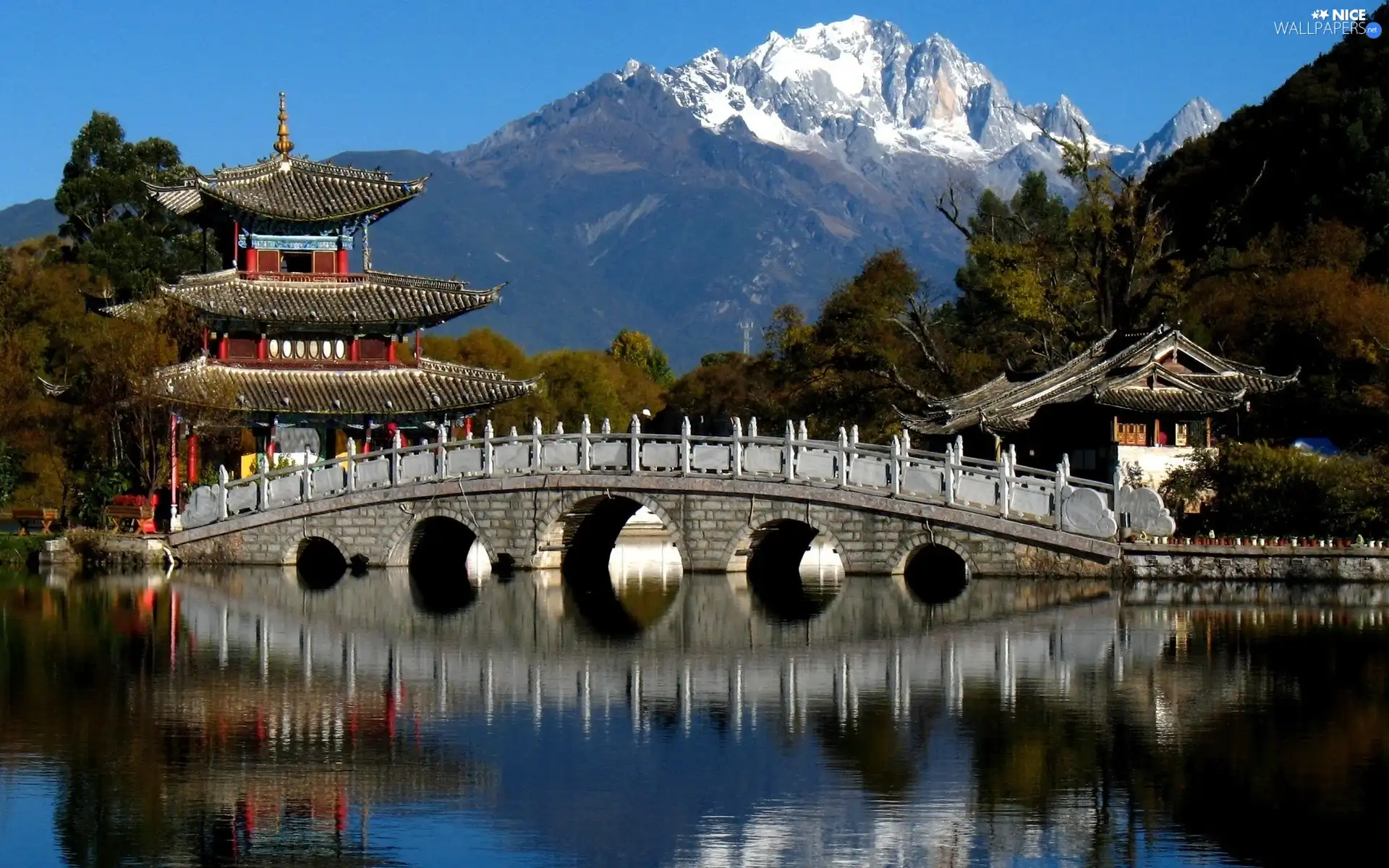 Japan, bridge, River, Mountains