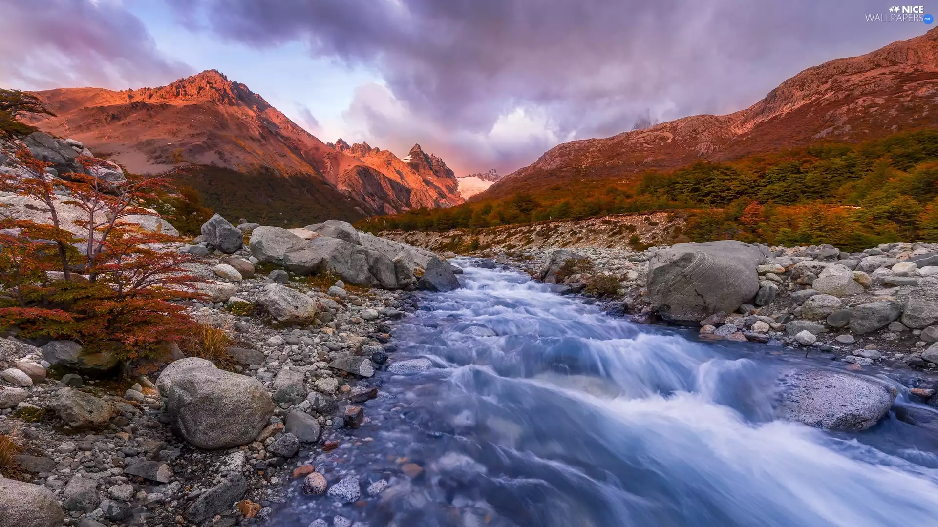 Mountains, Stones, Bush, River