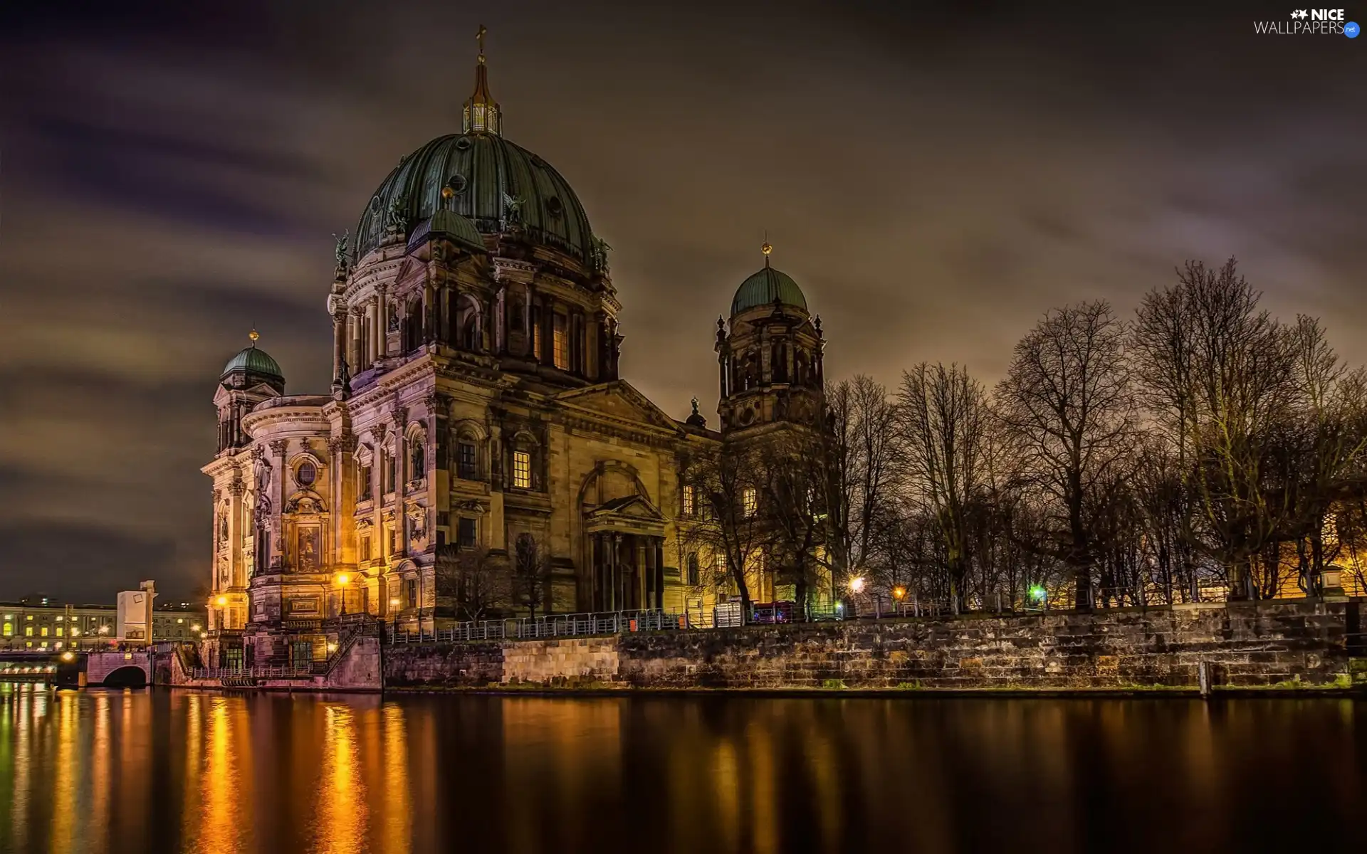 trees, Church, River, Night, viewes, fence