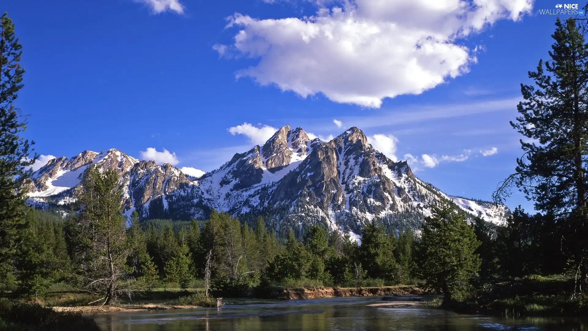 peaks, snow, River, Mountains