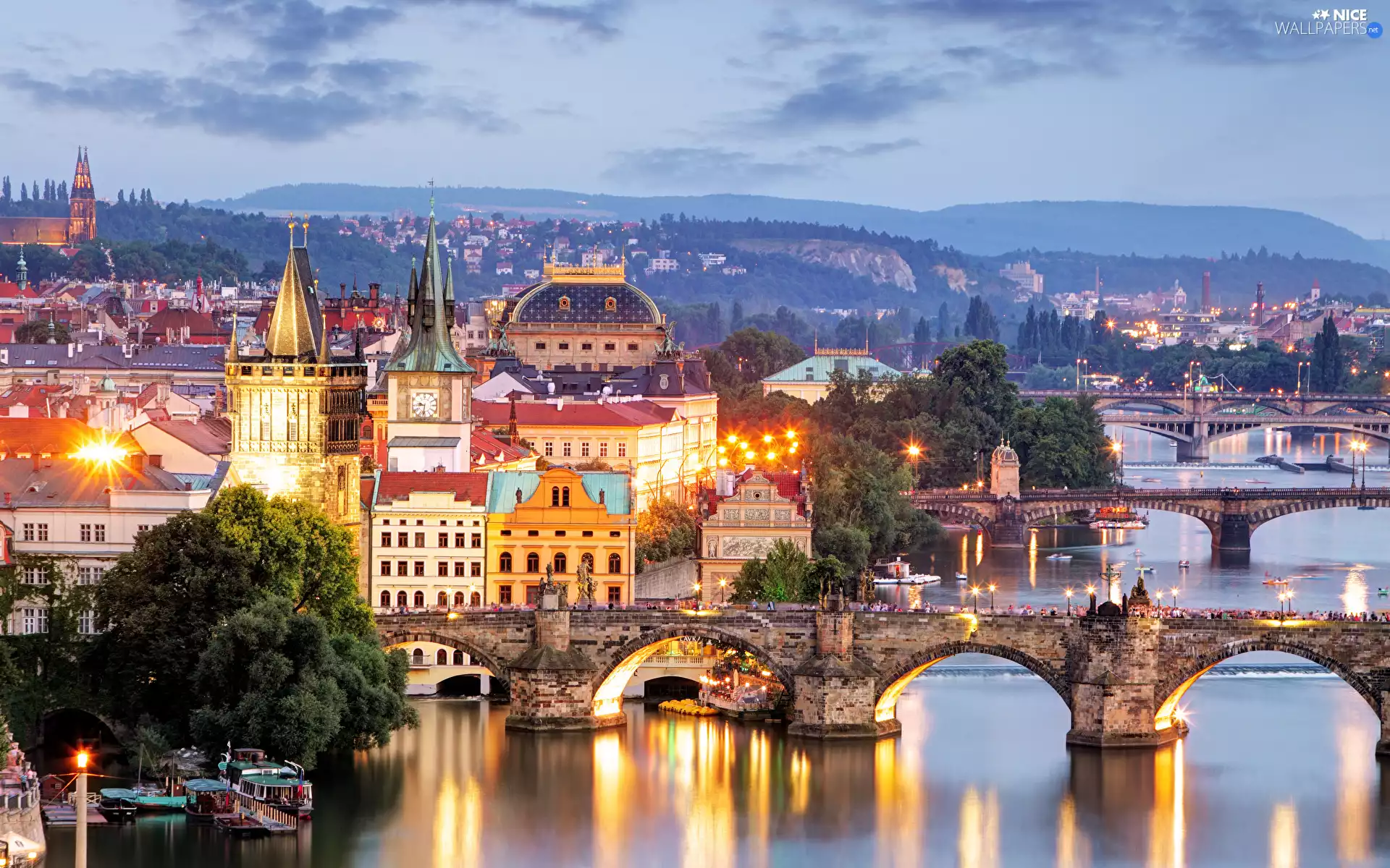 Houses, Bridges, Prague, Czech Republic, evening, Vltava River