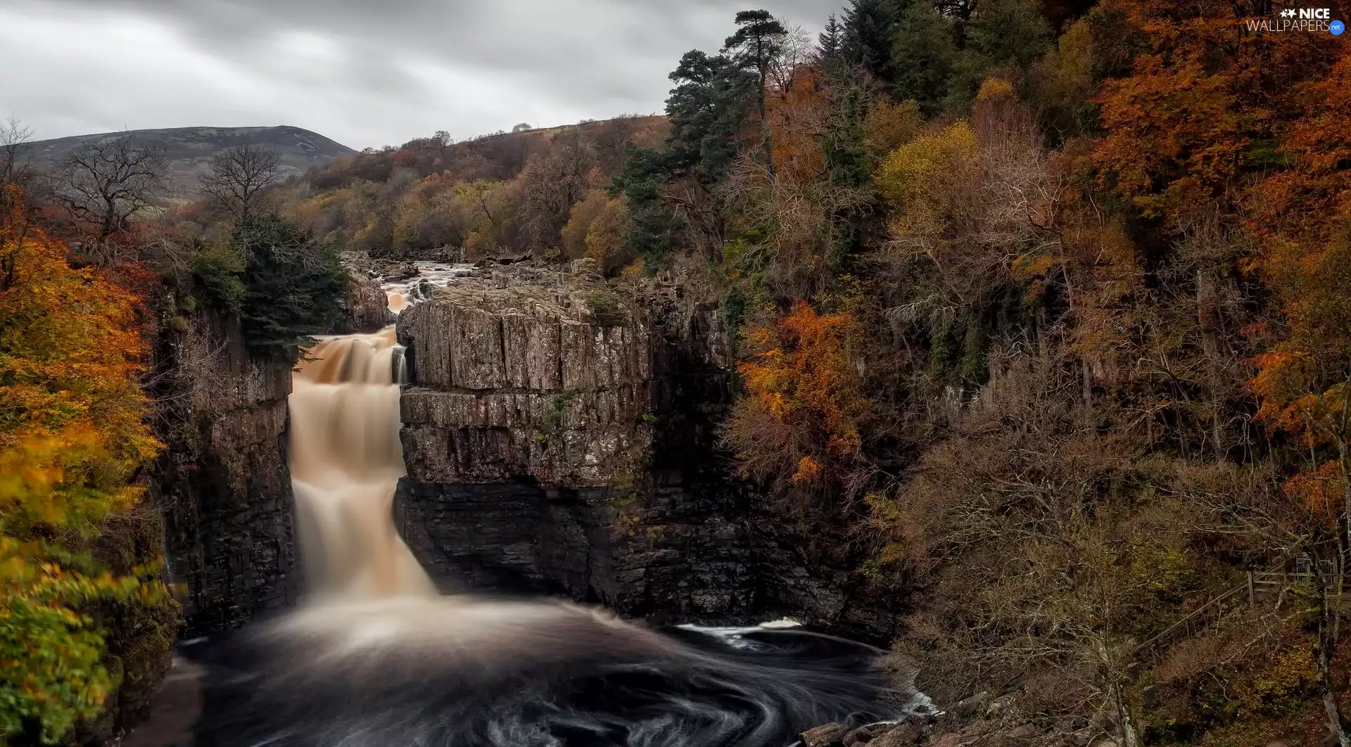 Durham County, England, River Tees, High Force Waterfall, viewes, rocks, forest, trees, autumn