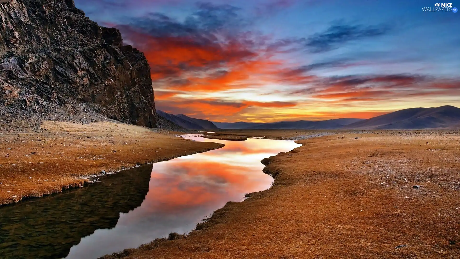 clouds, west, River, steppe, Mountains, sun