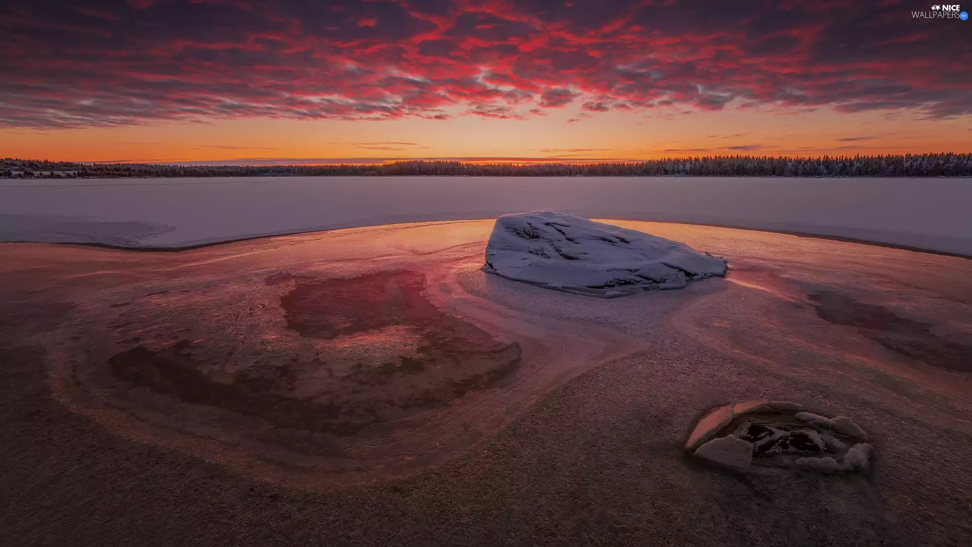forest, Great Sunsets, River, snow, Stones