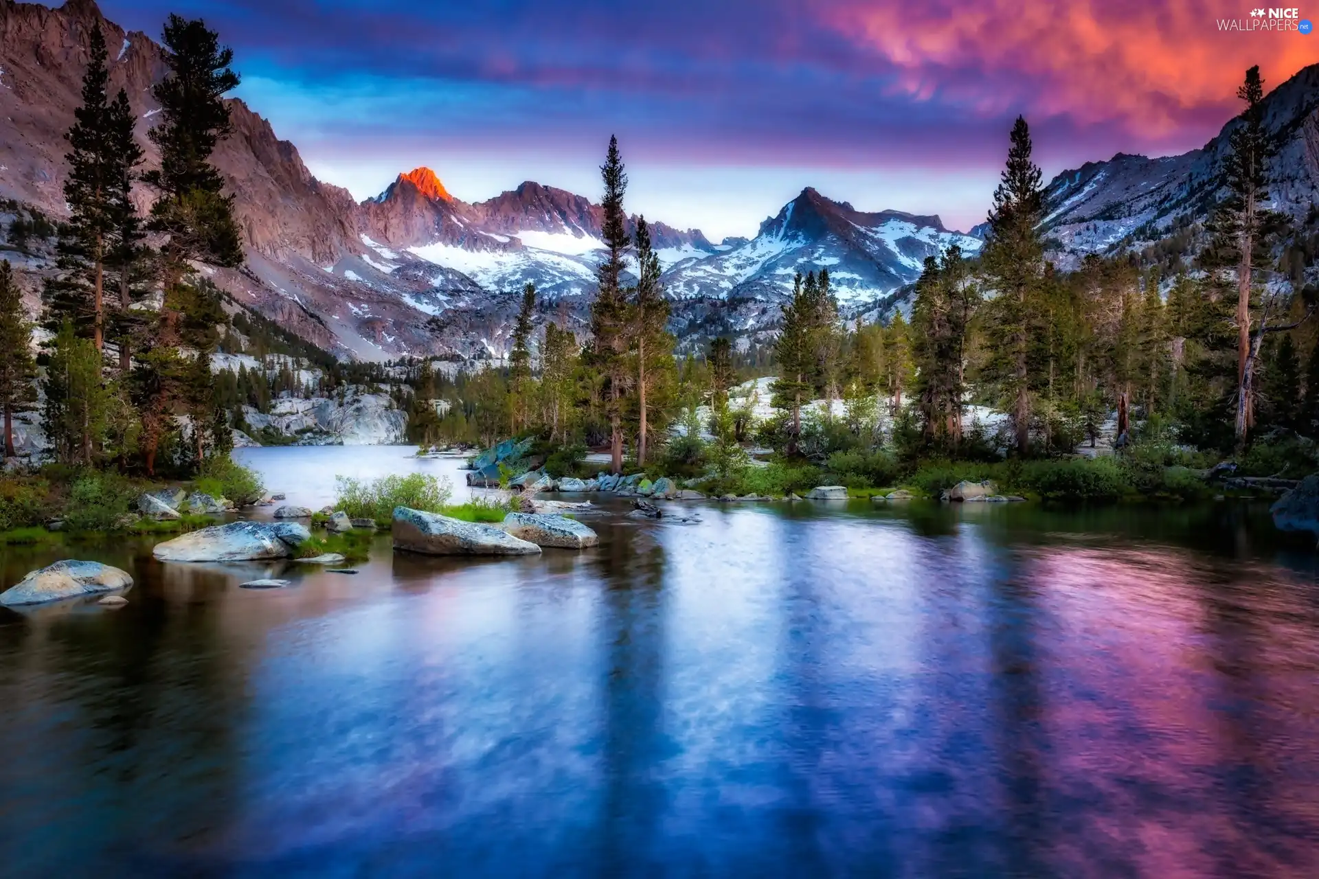 River, Stones, Mountains, forest, winter