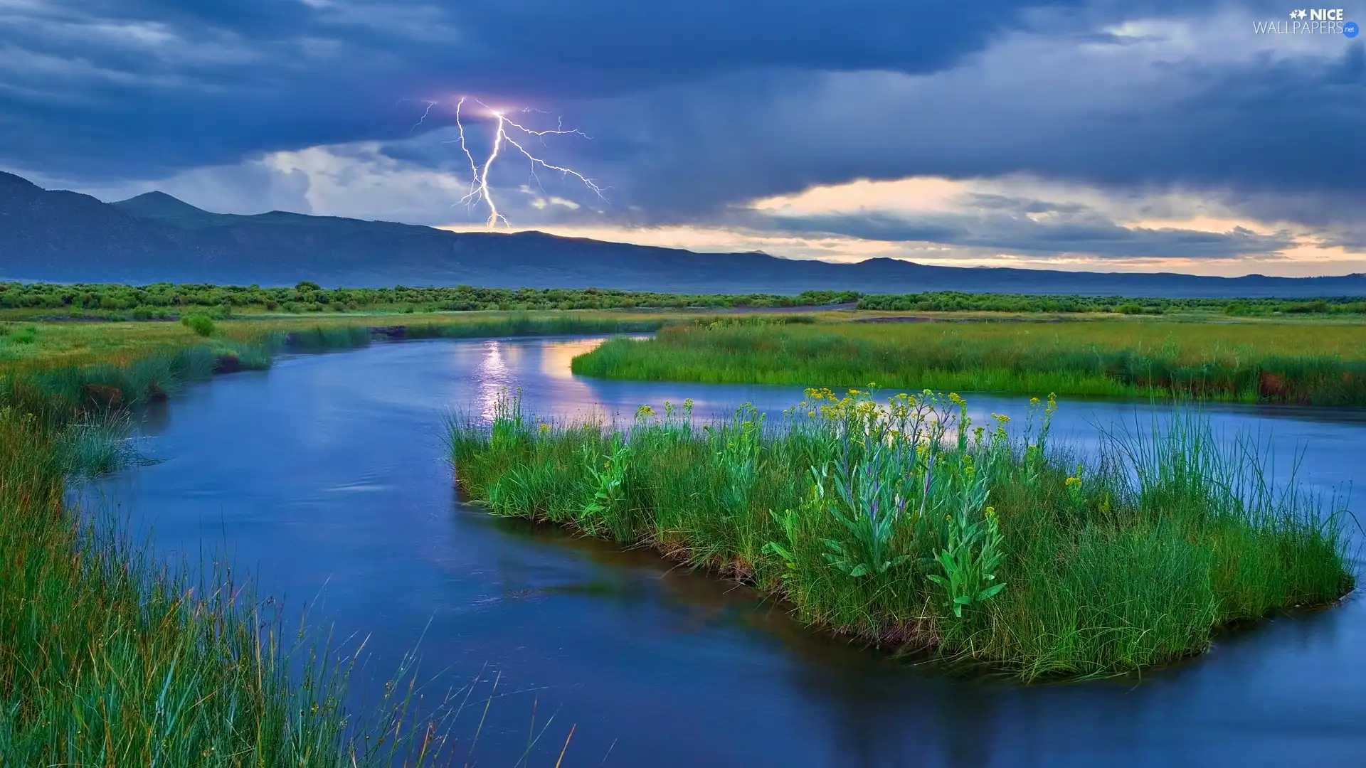 storm, lightning, River, clouds