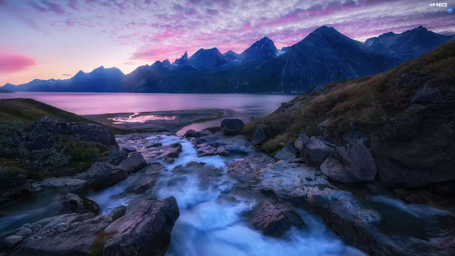 fjord, Mountains, Sunrise, River, Greenland, rocks, clouds