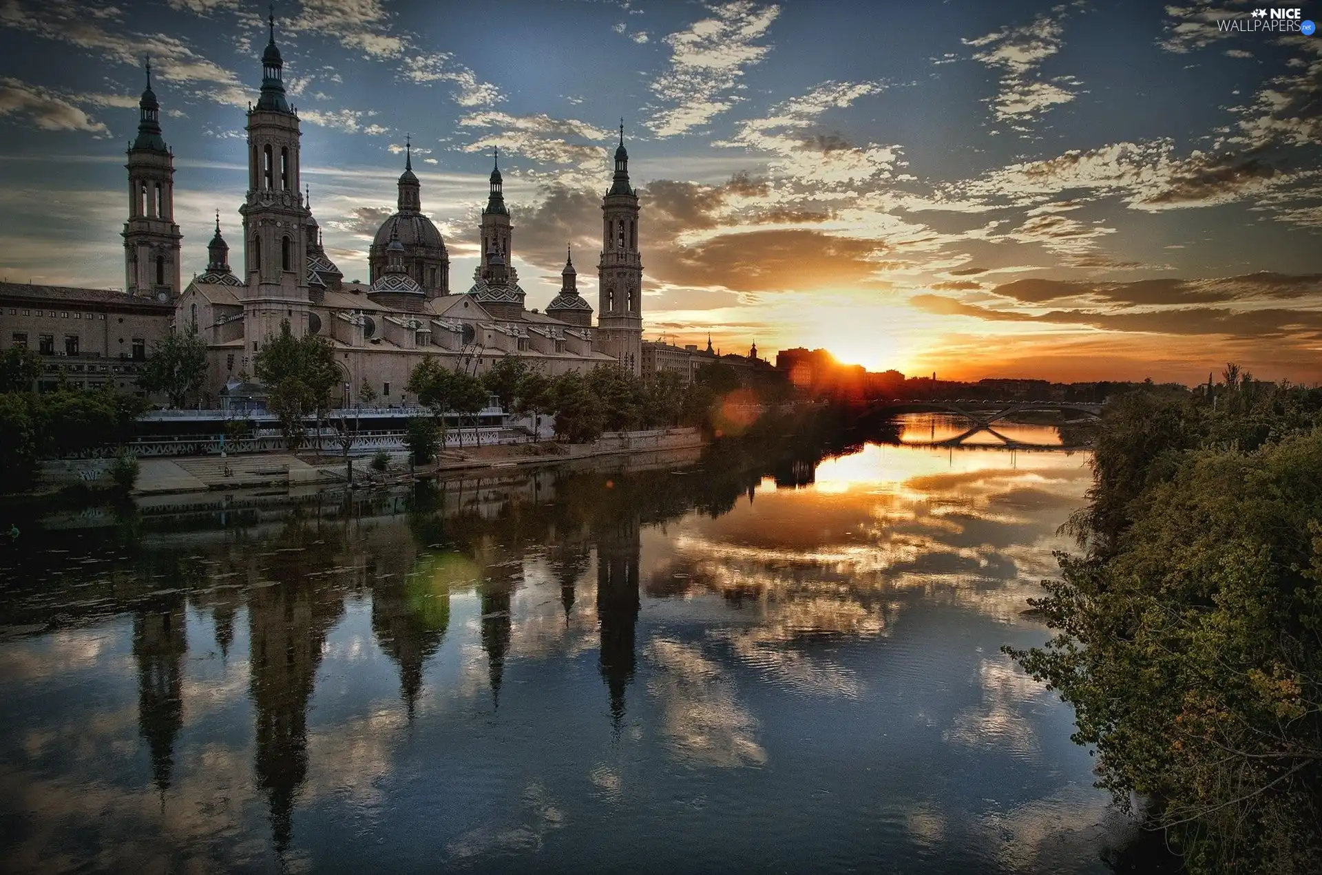 River, Great Sunsets, Saragossa, Church, Spain