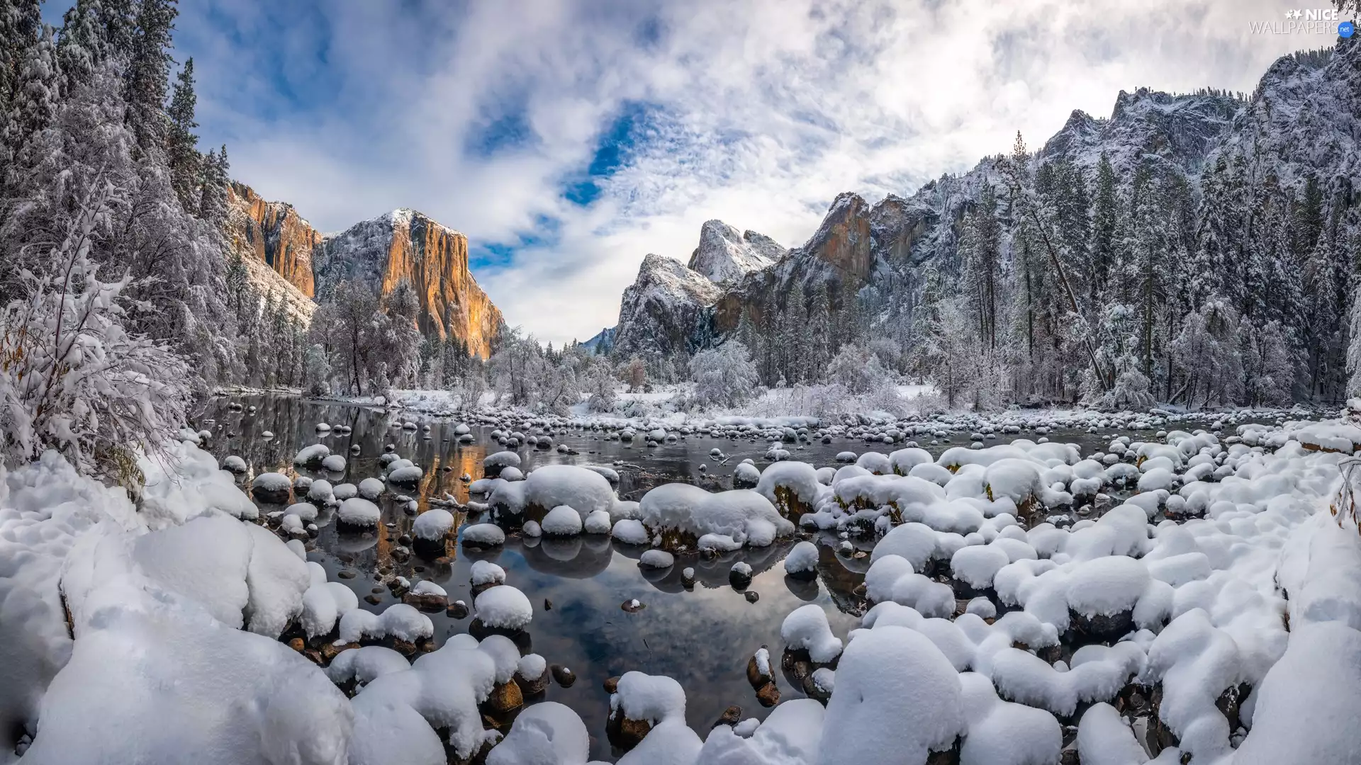 Stones, State of California, winter, viewes, Mountains, The United States, Yosemite National Park, clouds, trees, Merced River