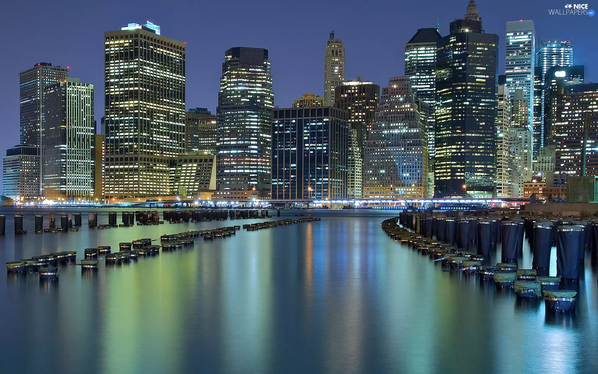 Town, buildings, light, River