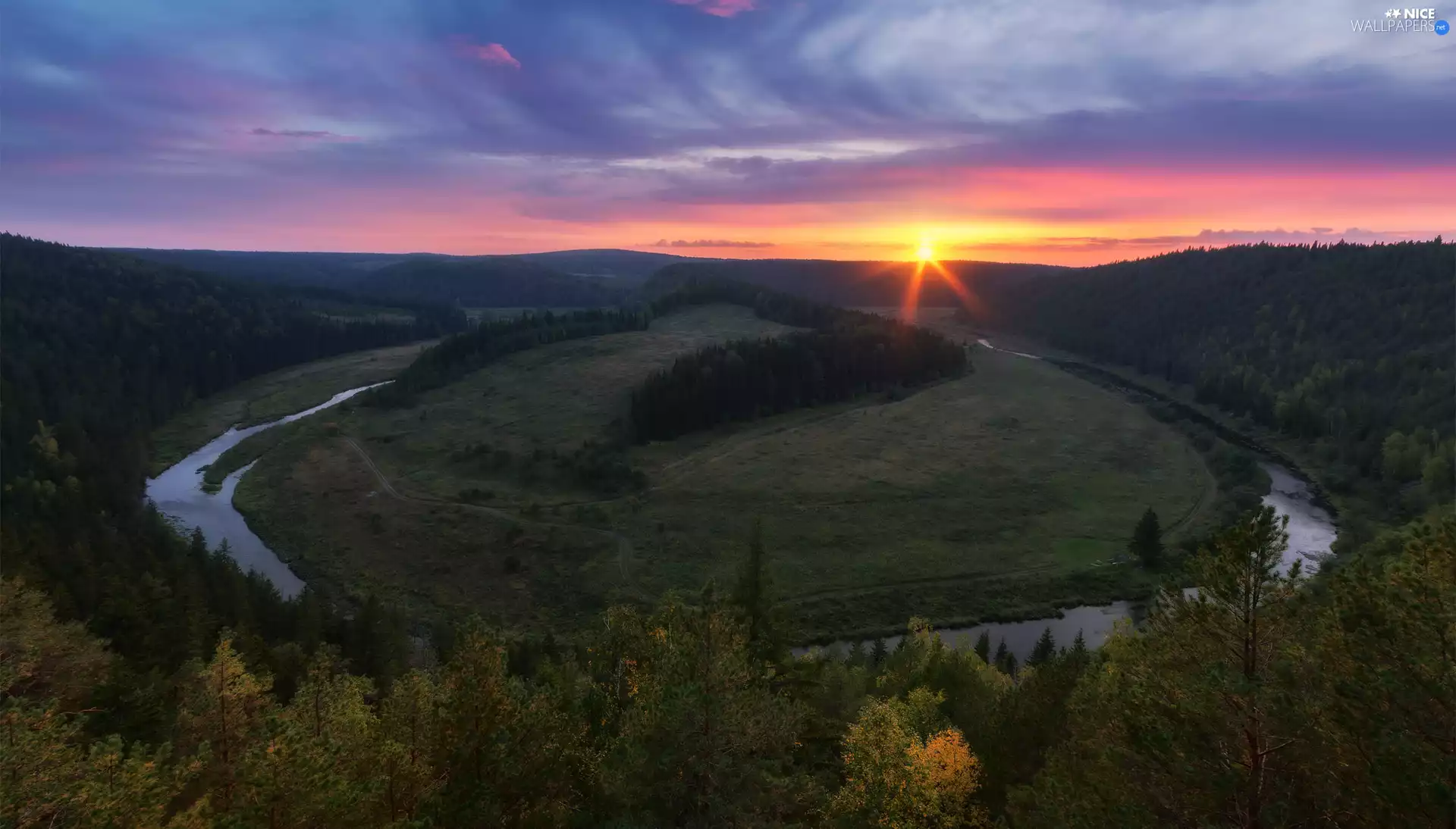 River, curve, viewes, Meander, The Hills, trees, Great Sunsets