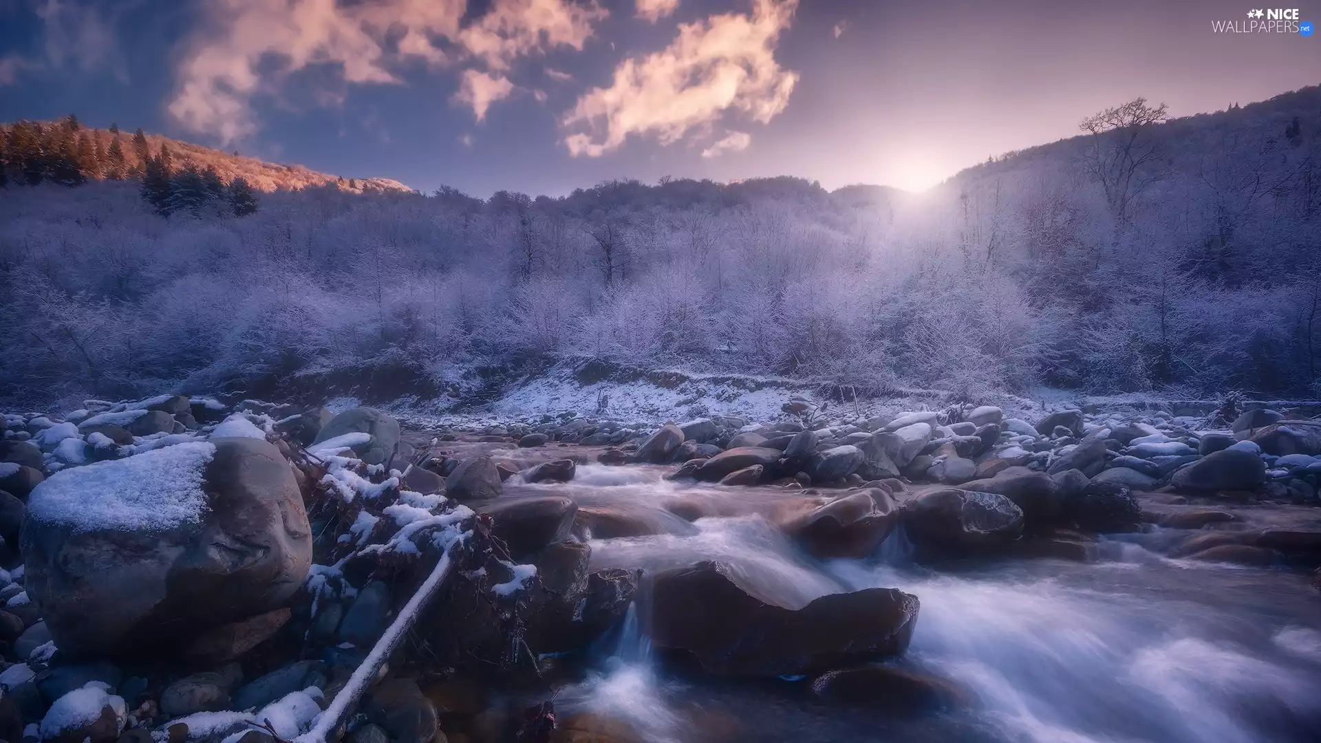 Stones, Mountains, trees, River, winter, frosty, viewes