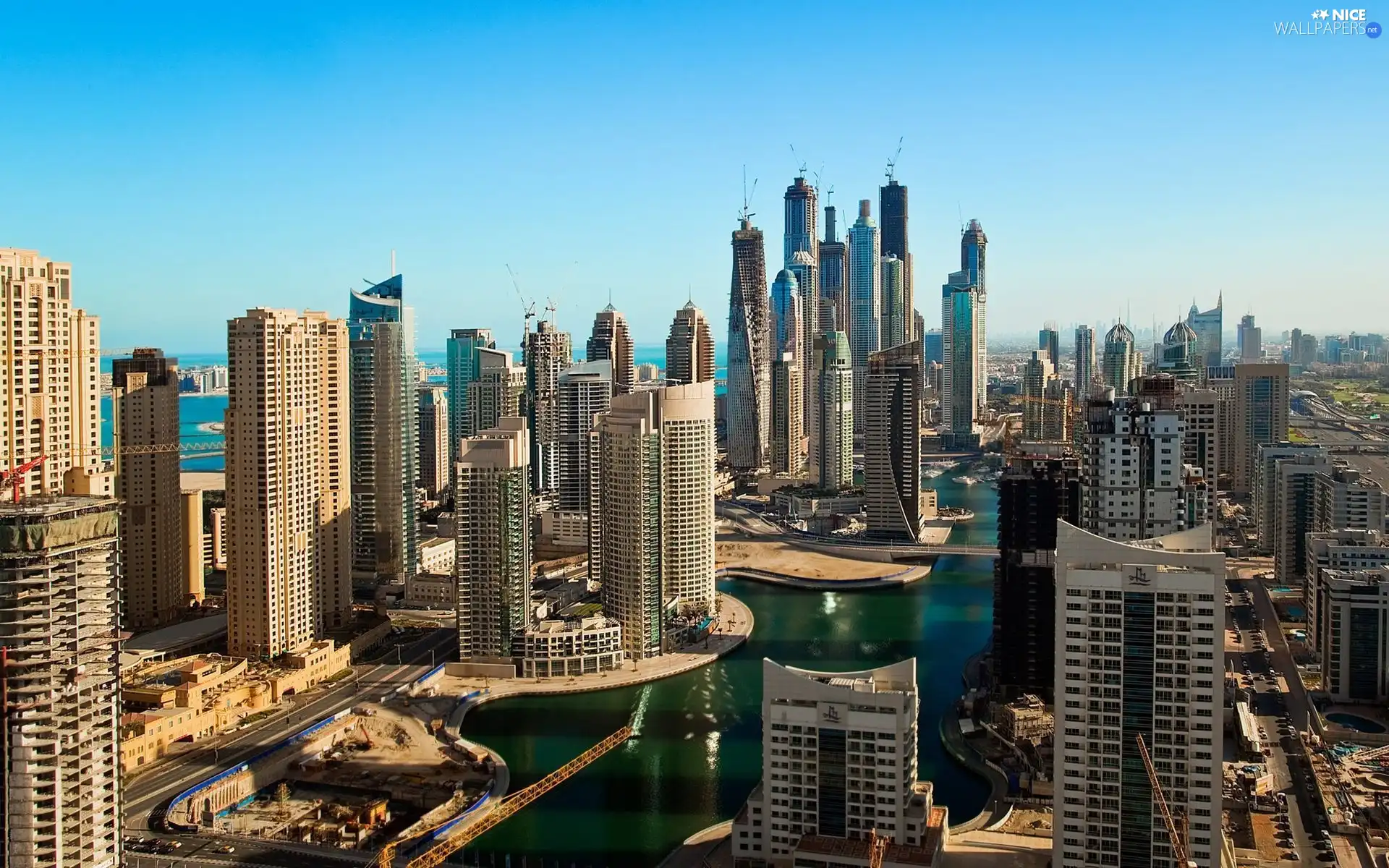 View, skyscrapers, River, town