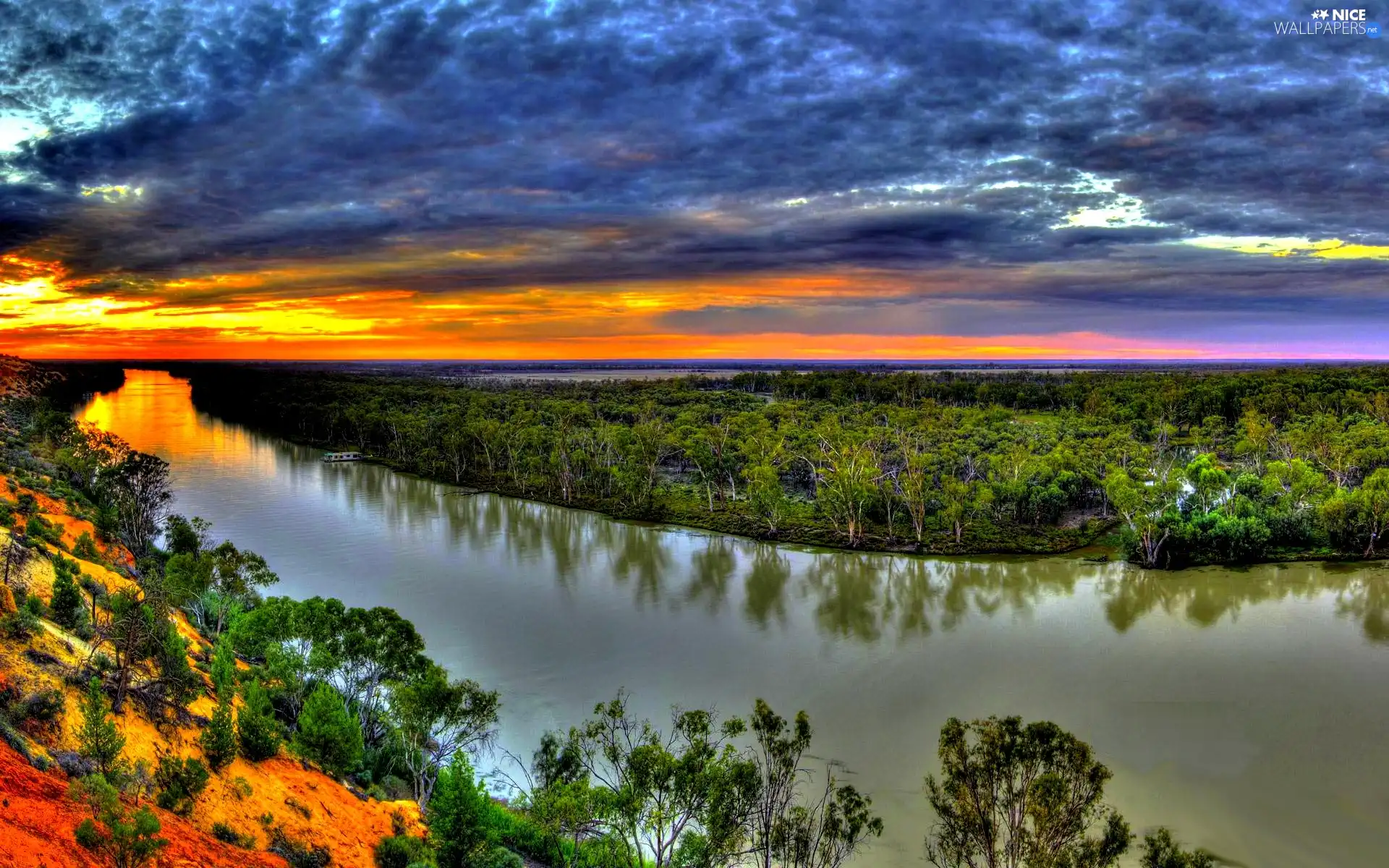 west, clouds, River, sun