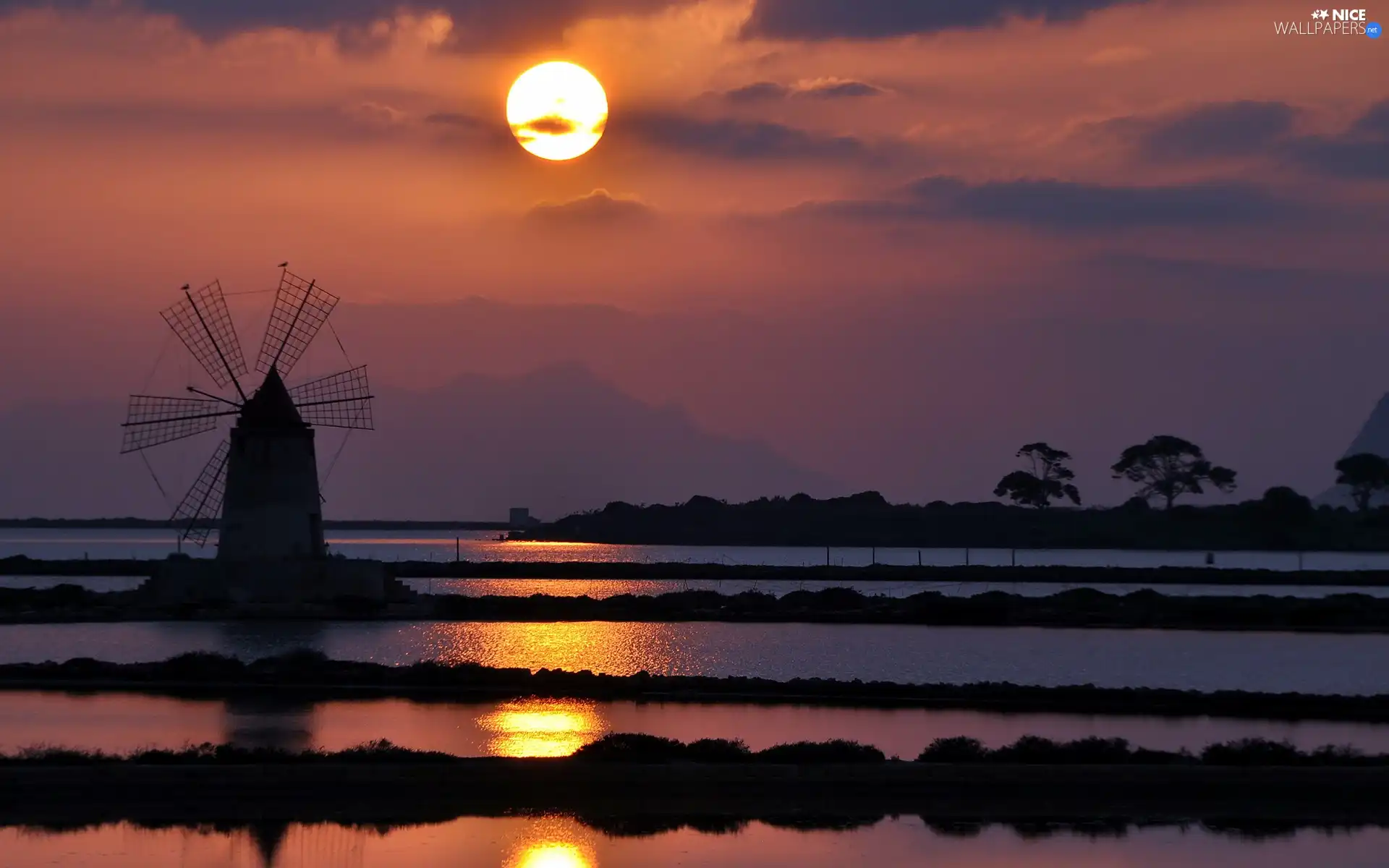 west, Windmill, River, sun