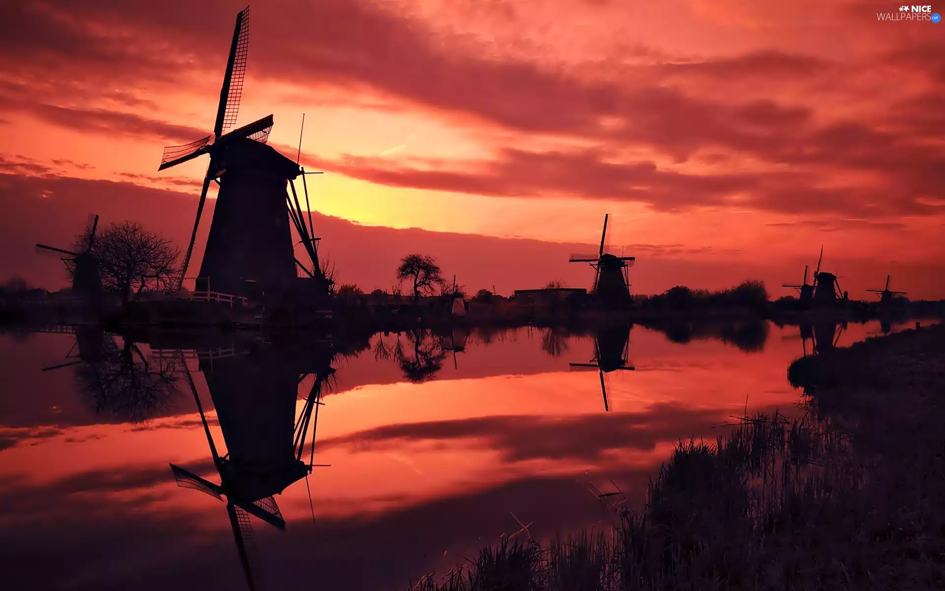 Windmills, west, sun, River