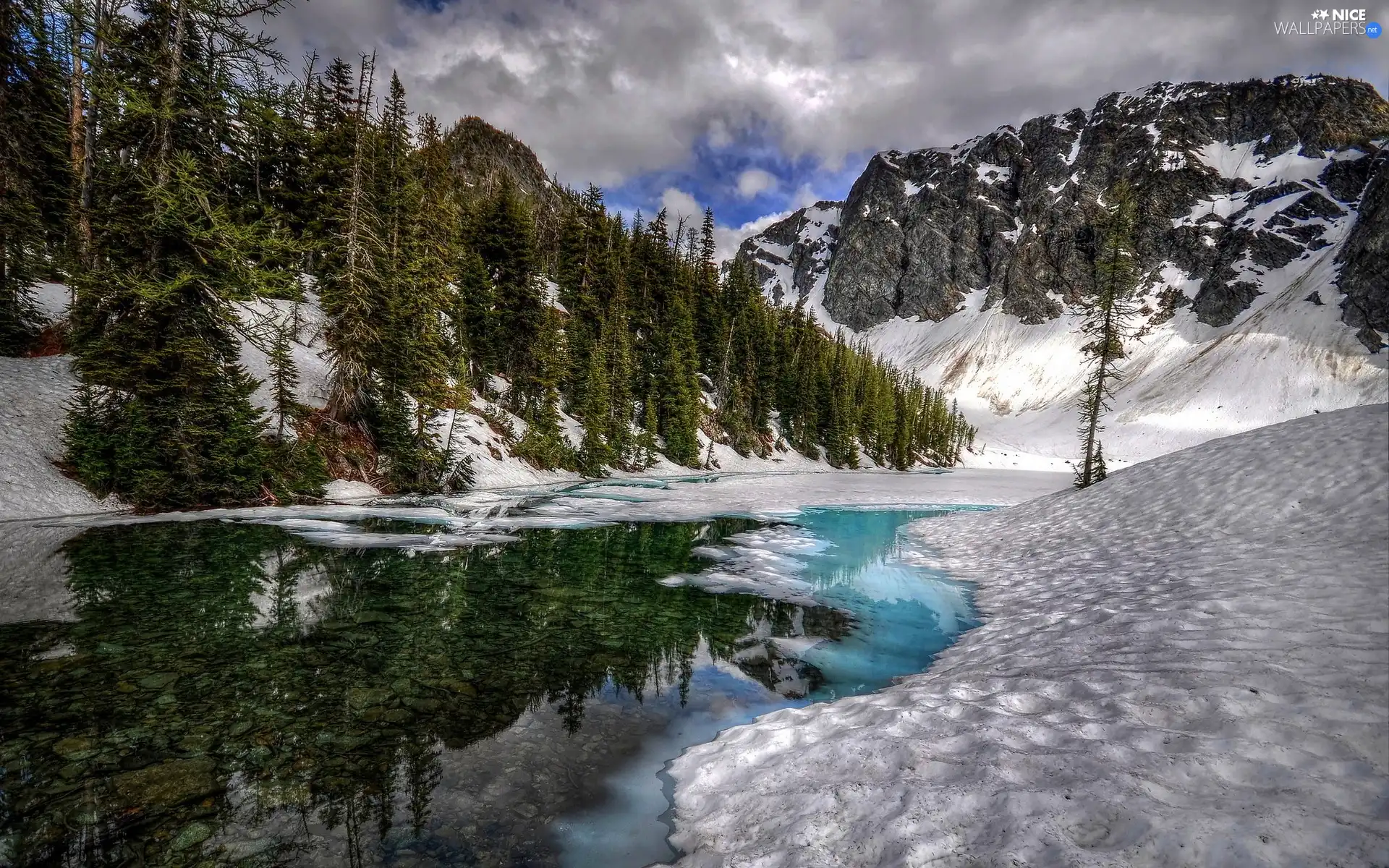 winter, forest, River, Mountains